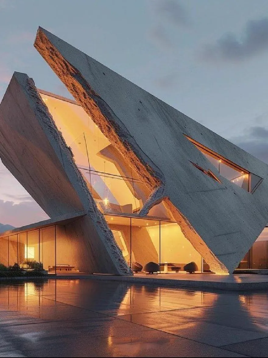 Русский промпт: A modern, minimalist concrete house with a unique, triangular shape that blends seamlessly into the landscape. The exterior is illuminated by soft, warm lighting, creating a dramatic effect. The house is situated on a desert-like setting, with a pool in the foreground reflecting the warm glow of the setting sun. The sky is filled with clouds, and the house is surrounded by lush greenery, including palm trees and shrubs. The overall aesthetic is minimalistic and contemporary, with clean lines and a minimalist aesthetic. | Original prompt: A modern, minimalist concrete house with a unique, triangular shape that blends seamlessly into the landscape. The exterior is illuminated by soft, warm lighting, creating a dramatic effect. The house is situated on a desert-like setting, with a pool in the foreground reflecting the warm glow of the setting sun. The sky is filled with clouds, and the house is surrounded by lush greenery, including palm trees and shrubs. The overall aesthetic is minimalistic and contemporary, with clean lines and a minimalist aesthetic.