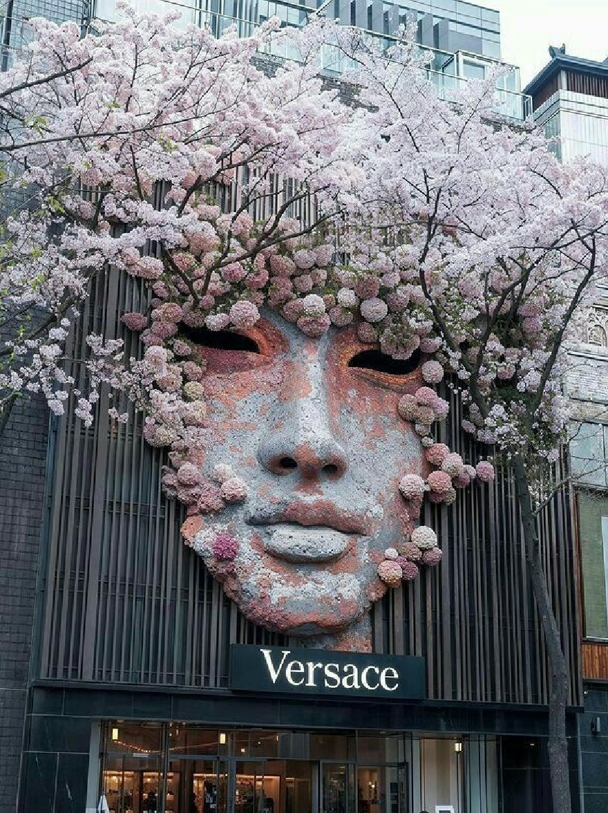 Русский промпт: A large sculpture of a face made out of flowers in front of a Versace store in Tokyo, Japan. The sculpture is intricately detailed with a variety of colors, including shades of pink, white, and green. The face is adorned with delicate petals and has a serene expression. The store's name is written in bold, black lettering beneath the sculpture. The background features tall, modern buildings with glass windows, and the sky is a bright, clear blue. People can be seen walking by the entrance of the store. | Original prompt: A large sculpture of a face made out of flowers in front of a Versace store in Tokyo, Japan. The sculpture is intricately detailed with a variety of colors, including shades of pink, white, and green. The face is adorned with delicate petals and has a serene expression. The store's name is written in bold, black lettering beneath the sculpture. The background features tall, modern buildings with glass windows, and the sky is a bright, clear blue. People can be seen walking by the entrance of the store.