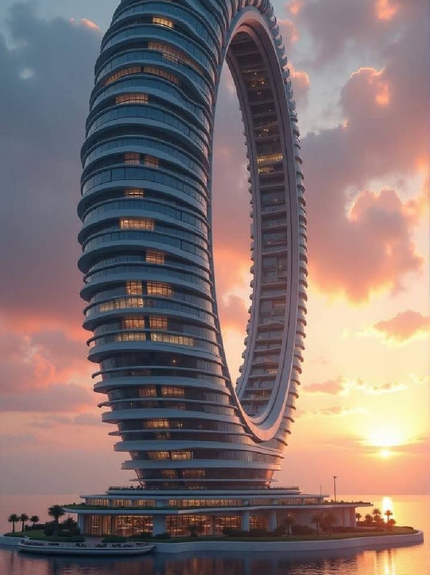 Русский промпт: A futuristic, curved skyscraper with a unique architectural design, situated on a small island in the middle of a body of water at sunset. The building has a curved, spiral-like structure with multiple floors and glass windows, reflecting the warm, orange and pink hues of the setting sun. The sky is filled with fluffy, pink clouds, and the reflection of the building can be seen on the water's surface. The lighting is soft and warm, creating a serene atmosphere. The architecture is modern and sleek, with a contemporary, high-rise feel. The image is high quality and has a watermark in the bottom right corner. | Original prompt: A futuristic, curved skyscraper with a unique architectural design, situated on a small island in the middle of a body of water at sunset. The building has a curved, spiral-like structure with multiple floors and glass windows, reflecting the warm, orange and pink hues of the setting sun. The sky is filled with fluffy, pink clouds, and the reflection of the building can be seen on the water's surface. The lighting is soft and warm, creating a serene atmosphere. The architecture is modern and sleek, with a contemporary, high-rise feel. The image is high quality and has a watermark in the bottom right corner.