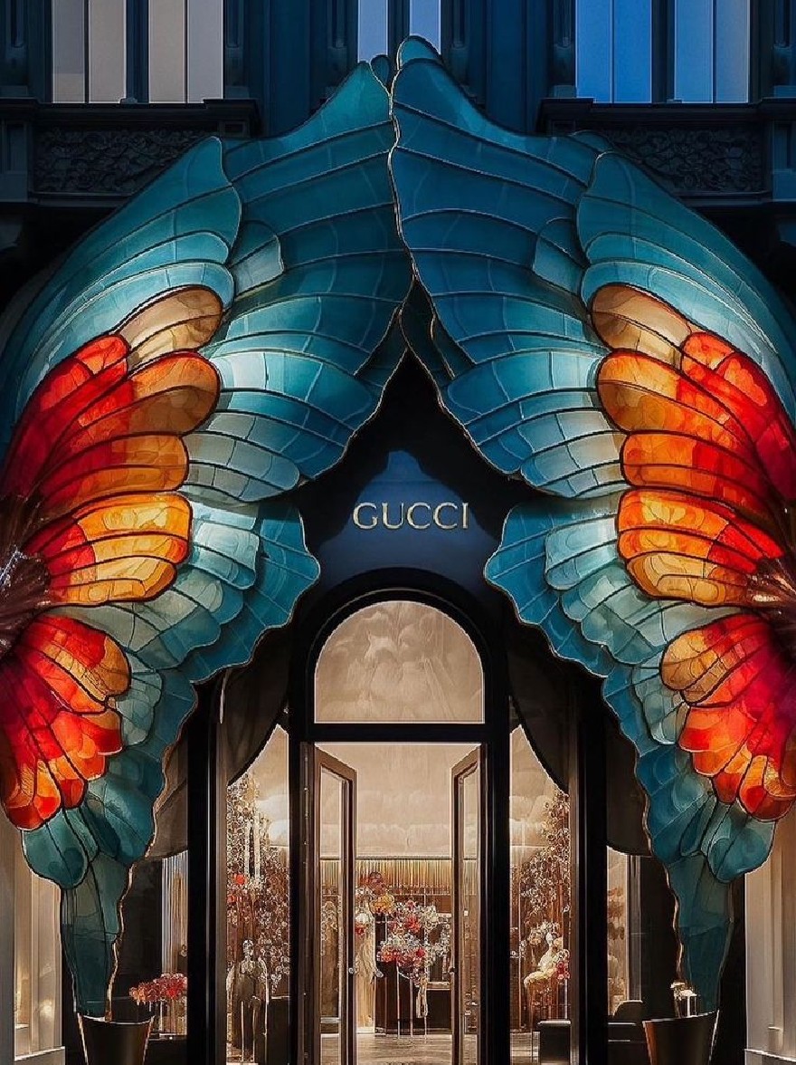 Русский промпт: The image shows the entrance of a luxurious Gucci store in Milan, Italy, designed by renowned architect Gianni Versace. The entrance is framed by two large, colorful butterfly-shaped windows with intricate designs, each adorned with vibrant shades of blue, red, and orange. The windows are framed by tall, ornate columns, and the entrance is flanked by two tall, glass doors. The store's name, "GUCCI," is prominently displayed at the center of the entrance. The lighting is dramatic, with a soft, warm glow emanating from the windows, creating a stunning visual effect. The overall aesthetic is elegant and sophisticated, evoking a sense of luxury and sophistication. | Original prompt: The image shows the entrance of a luxurious Gucci store in Milan, Italy, designed by renowned architect Gianni Versace. The entrance is framed by two large, colorful butterfly-shaped windows with intricate designs, each adorned with vibrant shades of blue, red, and orange. The windows are framed by tall, ornate columns, and the entrance is flanked by two tall, glass doors. The store's name, "GUCCI," is prominently displayed at the center of the entrance. The lighting is dramatic, with a soft, warm glow emanating from the windows, creating a stunning visual effect. The overall aesthetic is elegant and sophisticated, evoking a sense of luxury and sophistication.