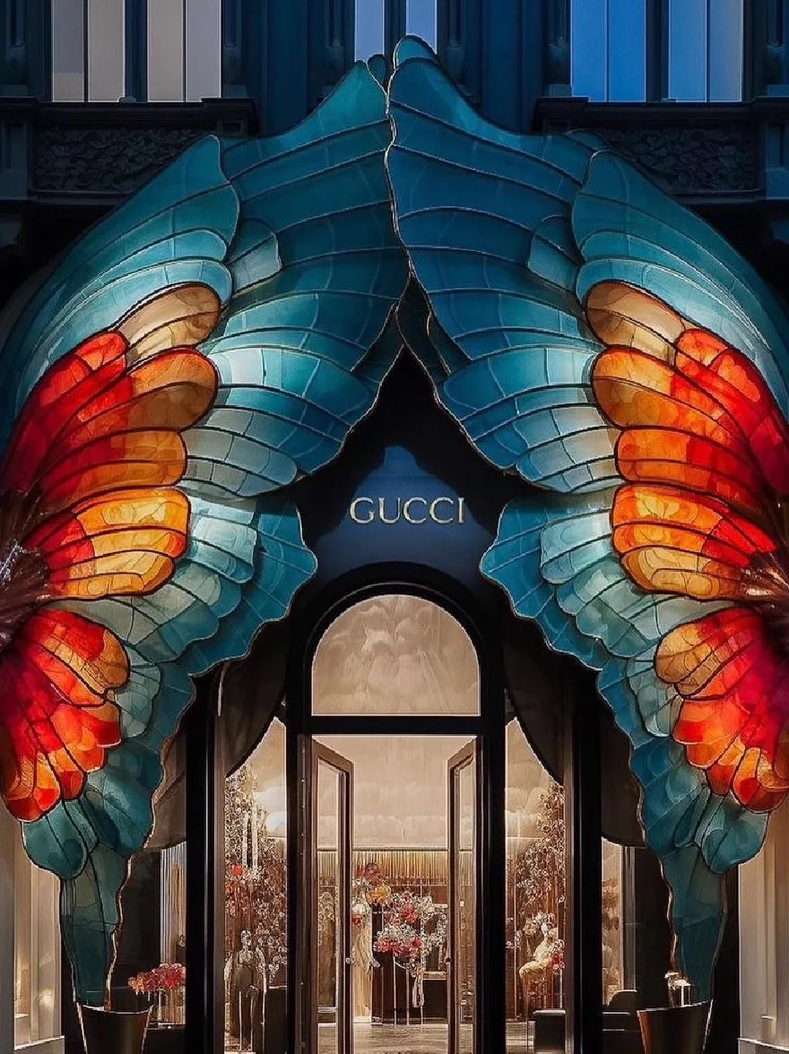 Русский промпт: The image shows the entrance of a luxurious Gucci store in Milan, Italy, designed by renowned architect Gianni Versace. The entrance is framed by two large, colorful butterfly-shaped windows with intricate designs, each adorned with vibrant shades of blue, red, and orange. The windows are framed by tall, ornate columns, and the entrance is flanked by two tall, glass doors. The store's name, "GUCCI," is prominently displayed at the center of the entrance. The lighting is dramatic, with a soft, warm glow emanating from the windows, creating a stunning visual effect. The overall aesthetic is elegant and sophisticated, evoking a sense of luxury and sophistication. | Original prompt: The image shows the entrance of a luxurious Gucci store in Milan, Italy, designed by renowned architect Gianni Versace. The entrance is framed by two large, colorful butterfly-shaped windows with intricate designs, each adorned with vibrant shades of blue, red, and orange. The windows are framed by tall, ornate columns, and the entrance is flanked by two tall, glass doors. The store's name, "GUCCI," is prominently displayed at the center of the entrance. The lighting is dramatic, with a soft, warm glow emanating from the windows, creating a stunning visual effect. The overall aesthetic is elegant and sophisticated, evoking a sense of luxury and sophistication.