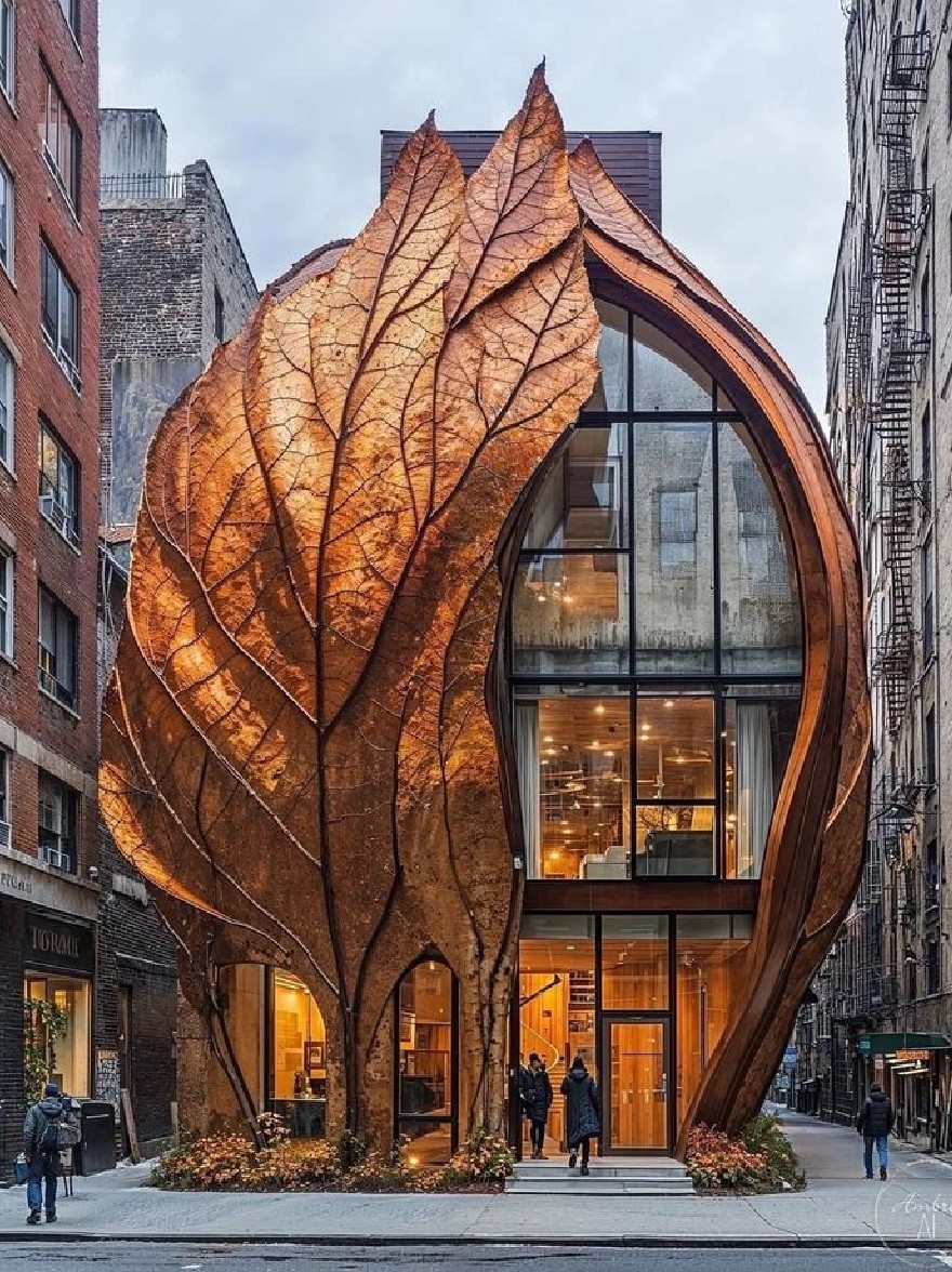 Русский промпт: The image shows a modern building with a unique architectural design featuring a large, leaf-shaped structure made of copper leaves, situated in the middle of a city street in New York City. The building has a curved, angular shape with large windows and a glass facade, and is surrounded by tall brick buildings. People are walking on the sidewalk in front of the building, and the sky is visible in the background. The lighting is soft and warm, creating a cozy atmosphere. The image has a watermark in the bottom right corner. | Original prompt: The image shows a modern building with a unique architectural design featuring a large, leaf-shaped structure made of copper leaves, situated in the middle of a city street in New York City. The building has a curved, angular shape with large windows and a glass facade, and is surrounded by tall brick buildings. People are walking on the sidewalk in front of the building, and the sky is visible in the background. The lighting is soft and warm, creating a cozy atmosphere. The image has a watermark in the bottom right corner.