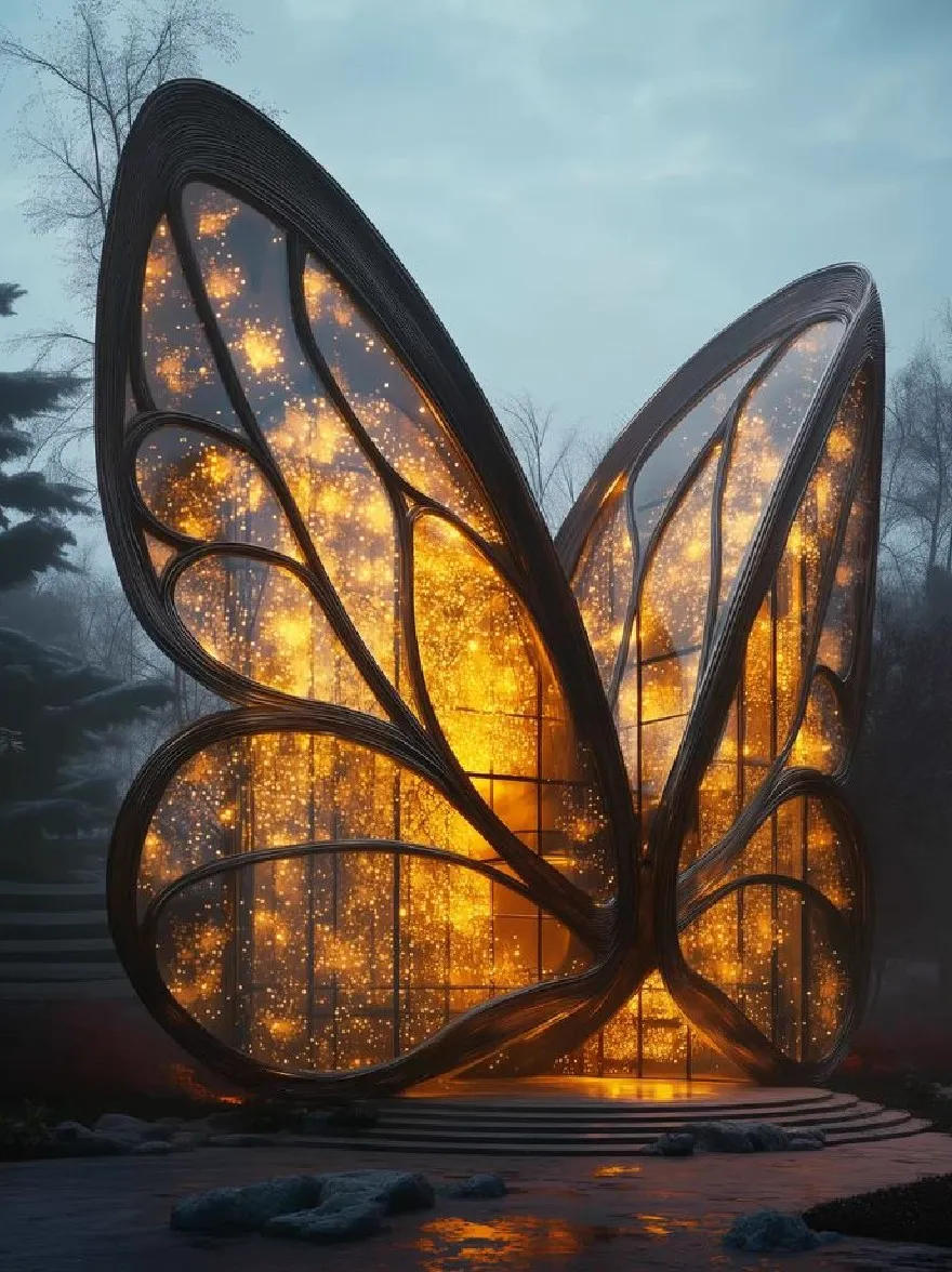 Русский промпт: Потрясающая, футуристическая архитектурная структура в форме большого здания в форме листьев со стеклянным фасадом, который отражает теплый, золотой свет. Структура замысловато разработана с изогнутыми волнистыми линиями, которые создают завораживающий эффект и окружены безмятежным, туманным лесом с высокими деревьями и пути, ведущим к нему. Небо глубоко синее, с несколькими облаками, разбросанными по нему, и освещение создает мягкое, эфирное сияние, которое освещает всю структуру. Общая эстетика - это одно спокойствие и безмятежность. | Original prompt: A stunning, futuristic architectural structure in the shape of a large, leaf-shaped building with a glass facade that reflects the warm, golden light. The structure is intricately designed with curved, wavy lines that create a mesmerizing effect, and is surrounded by a serene, misty forest setting with tall trees and a pathway leading up to it. The sky is a deep blue, with a few clouds scattered across it, and the lighting creates a soft, ethereal glow that illuminates the entire structure. The overall aesthetic is one of tranquility and serenity.