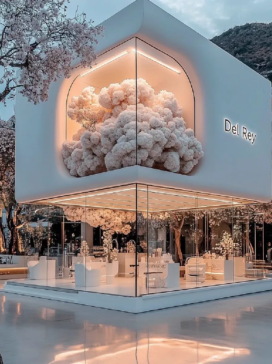 Русский промпт: A rendering of a modern, white, modular building with a large, fluffy cloud-like structure on the front. The building is illuminated by soft, warm lighting, creating a serene atmosphere. The cloud is composed of multiple layers of white flowers, arranged in a symmetrical pattern. The entrance of the building is flanked by two large windows, allowing natural light to fill the space. On the right side of the image, the words "Del Rey" are written in a cursive font. The scene is set against a backdrop of a mountain range and a clear blue sky. The overall aesthetic is minimalistic and contemporary. | Original prompt: A rendering of a modern, white, modular building with a large, fluffy cloud-like structure on the front. The building is illuminated by soft, warm lighting, creating a serene atmosphere. The cloud is composed of multiple layers of white flowers, arranged in a symmetrical pattern. The entrance of the building is flanked by two large windows, allowing natural light to fill the space. On the right side of the image, the words "Del Rey" are written in a cursive font. The scene is set against a backdrop of a mountain range and a clear blue sky. The overall aesthetic is minimalistic and contemporary.