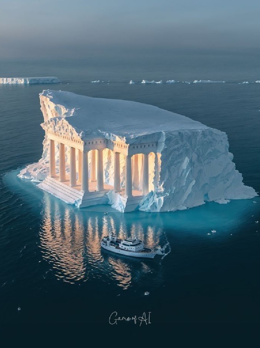 Русский промпт: Photo of a majestic iceberg floating in the ocean at dusk, with a large, white, neoclassical temple-like structure with columns and a dome-like roof, illuminated by soft, warm light. The iceberg is partially submerged in the deep blue waters of the ocean, and a small boat passes by in the foreground. The sky is a deep blue, with the sun setting in the background, casting a golden hue over the scene. The text "Game of Thrones" is written in the bottom right corner of the image. The image has a dreamy, ethereal quality to it. | Original prompt: Photo of a majestic iceberg floating in the ocean at dusk, with a large, white, neoclassical temple-like structure with columns and a dome-like roof, illuminated by soft, warm light. The iceberg is partially submerged in the deep blue waters of the ocean, and a small boat passes by in the foreground. The sky is a deep blue, with the sun setting in the background, casting a golden hue over the scene. The text "Game of Thrones" is written in the bottom right corner of the image. The image has a dreamy, ethereal quality to it.