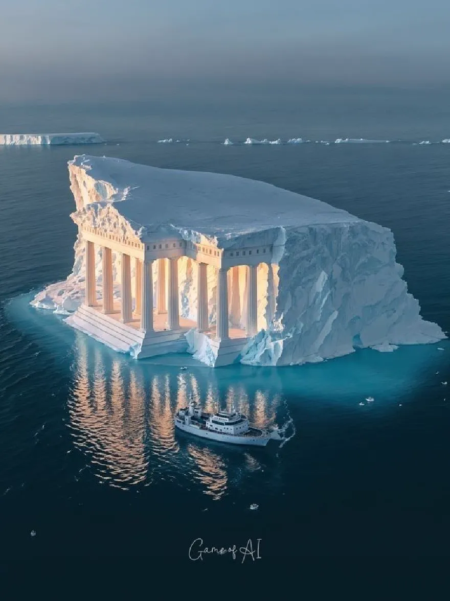 Русский промпт: Photo of a majestic iceberg floating in the ocean at dusk, with a large, white, neoclassical temple-like structure with columns and a dome-like roof, illuminated by soft, warm light. The iceberg is partially submerged in the deep blue waters of the ocean, and a small boat passes by in the foreground. The sky is a deep blue, with the sun setting in the background, casting a golden hue over the scene. The text "Game of Thrones" is written in the bottom right corner of the image. The image has a dreamy, ethereal quality to it. | Original prompt: Photo of a majestic iceberg floating in the ocean at dusk, with a large, white, neoclassical temple-like structure with columns and a dome-like roof, illuminated by soft, warm light. The iceberg is partially submerged in the deep blue waters of the ocean, and a small boat passes by in the foreground. The sky is a deep blue, with the sun setting in the background, casting a golden hue over the scene. The text "Game of Thrones" is written in the bottom right corner of the image. The image has a dreamy, ethereal quality to it.