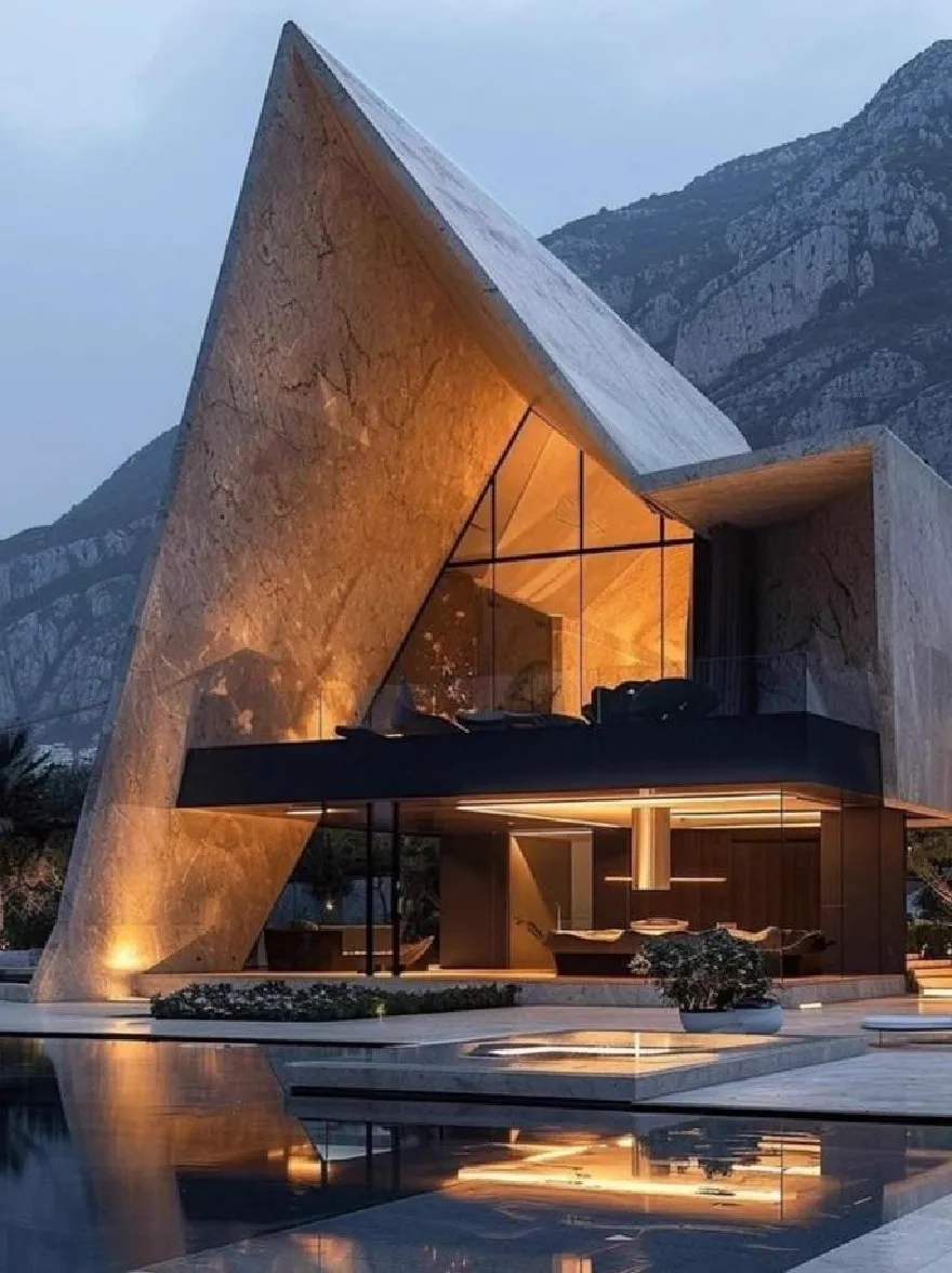 Русский промпт: A modern, minimalist house with a triangular roof and a concrete facade, situated by a pool at dusk. The house is illuminated by soft, warm lighting, creating a serene and tranquil atmosphere. The reflection of the mountains in the pool creates a mesmerizing effect, while the surrounding area is filled with lush greenery and trees. The sky is a deep blue, with a few wispy clouds scattered across it. The overall aesthetic is minimalistic and contemporary. | Original prompt: A modern, minimalist house with a triangular roof and a concrete facade, situated by a pool at dusk. The house is illuminated by soft, warm lighting, creating a serene and tranquil atmosphere. The reflection of the mountains in the pool creates a mesmerizing effect, while the surrounding area is filled with lush greenery and trees. The sky is a deep blue, with a few wispy clouds scattered across it. The overall aesthetic is minimalistic and contemporary.