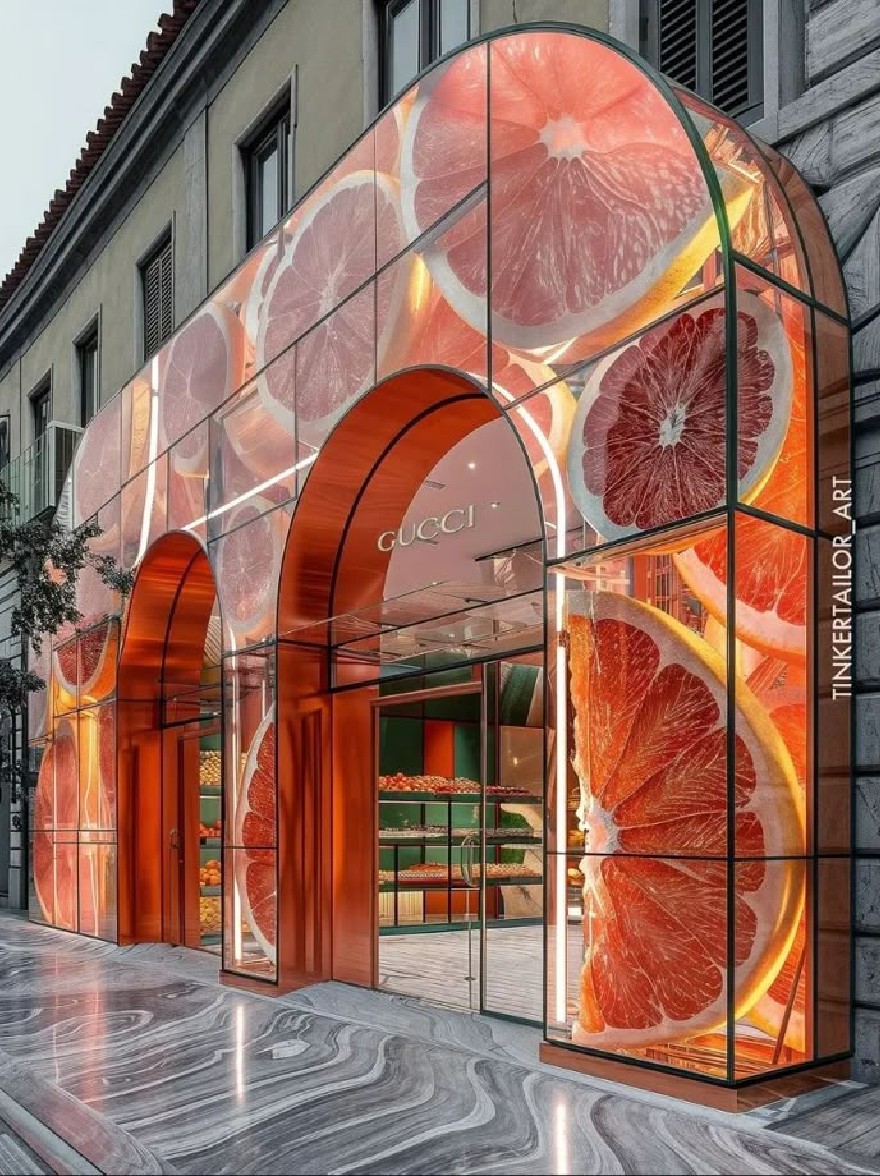 Русский промпт: A rendering of a luxurious Gucci store in Milan, Italy, featuring a modern, sleek design with a glass facade and a large, vibrant display of grapefruit slices. The store is illuminated by a warm, orange glow, creating a striking contrast against the neutral tones of the building. The entrance is flanked by two large, curved glass doors, and the store's name, "Gucci," is prominently displayed in the center. The building itself is made of light-colored stone, with a red tile roof, adding a touch of elegance to the overall aesthetic. The lighting is soft and warm, highlighting the citrus fruits inside the store. The overall effect is one of sophistication and luxury. | Original prompt: A rendering of a luxurious Gucci store in Milan, Italy, featuring a modern, sleek design with a glass facade and a large, vibrant display of grapefruit slices. The store is illuminated by a warm, orange glow, creating a striking contrast against the neutral tones of the building. The entrance is flanked by two large, curved glass doors, and the store's name, "Gucci," is prominently displayed in the center. The building itself is made of light-colored stone, with a red tile roof, adding a touch of elegance to the overall aesthetic. The lighting is soft and warm, highlighting the citrus fruits inside the store. The overall effect is one of sophistication and luxury.