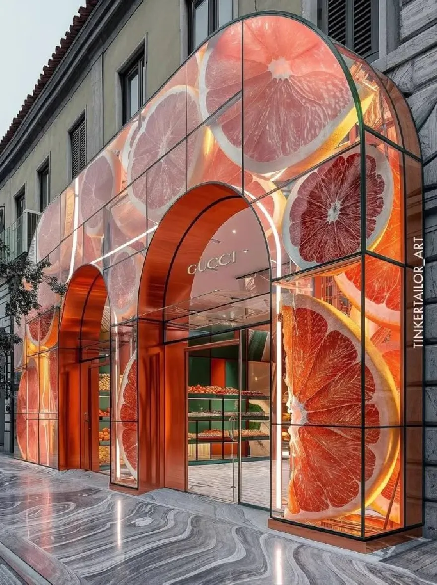 Русский промпт: A rendering of a luxurious Gucci store in Milan, Italy, featuring a modern, sleek design with a glass facade and a large, vibrant display of grapefruit slices. The store is illuminated by a warm, orange glow, creating a striking contrast against the neutral tones of the building. The entrance is flanked by two large, curved glass doors, and the store's name, "Gucci," is prominently displayed in the center. The building itself is made of light-colored stone, with a red tile roof, adding a touch of elegance to the overall aesthetic. The lighting is soft and warm, highlighting the citrus fruits inside the store. The overall effect is one of sophistication and luxury. | Original prompt: A rendering of a luxurious Gucci store in Milan, Italy, featuring a modern, sleek design with a glass facade and a large, vibrant display of grapefruit slices. The store is illuminated by a warm, orange glow, creating a striking contrast against the neutral tones of the building. The entrance is flanked by two large, curved glass doors, and the store's name, "Gucci," is prominently displayed in the center. The building itself is made of light-colored stone, with a red tile roof, adding a touch of elegance to the overall aesthetic. The lighting is soft and warm, highlighting the citrus fruits inside the store. The overall effect is one of sophistication and luxury.