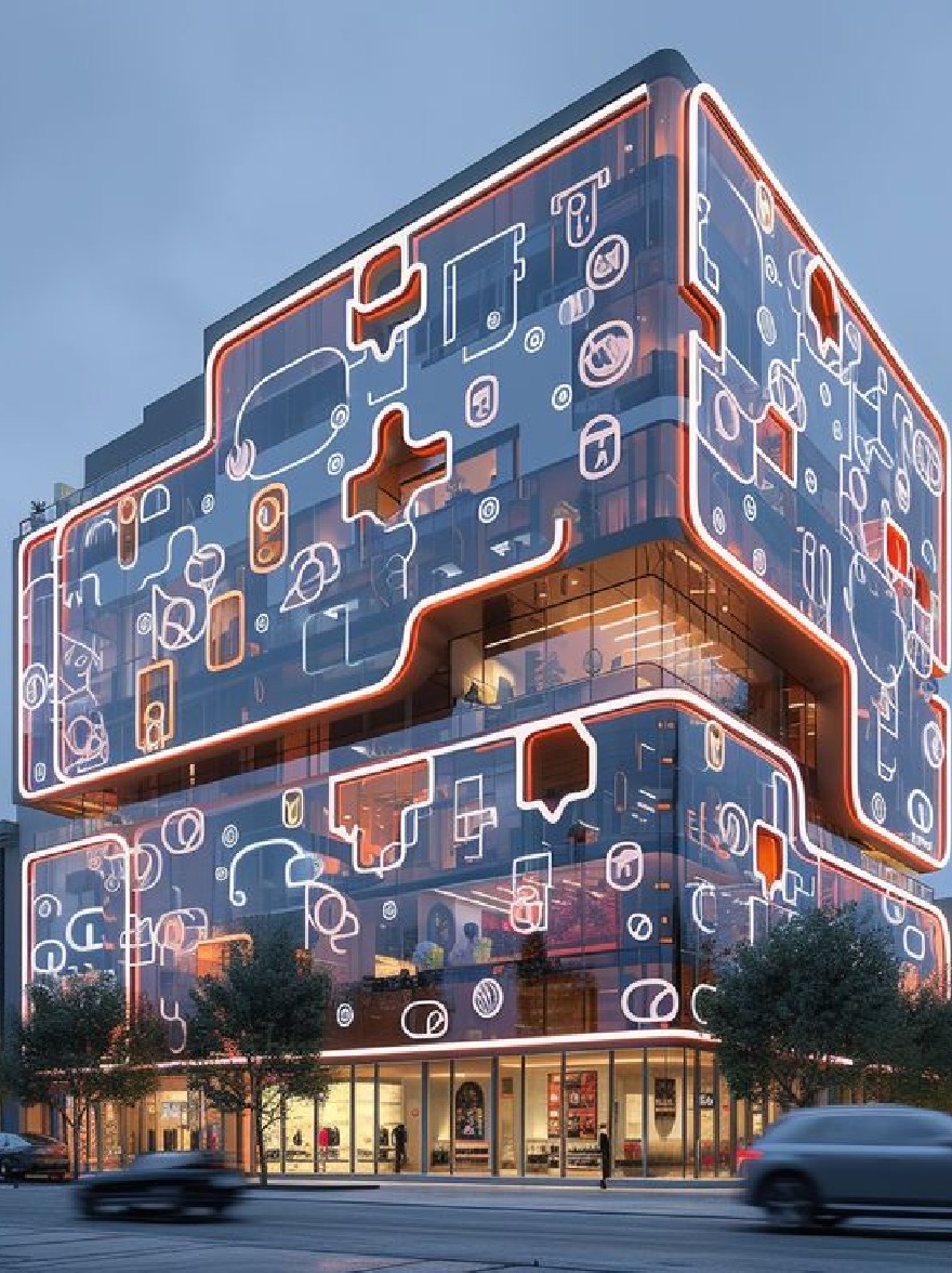 Русский промпт: Рендеринг современного многоэтажного здания с уникальным архитектурным дизайном, в котором сочетается сочетание полупрозрачных стеклянных и неоновых апельсиновых акцентов. Фасад украшен различными значками, создавая визуально стимулирующий и привлекательный дисплей. Здание расположено на городской улице в сумерках, с проезжающими мимо автомобилей и пешеходом, пересекающимся на переднем плане. Небо глубоко синее, с солнцем на заднем плане на заднем плане, набрав теплое сияние на сцене. Изображение очень подробно и реалистично, с акцентом на сложный дизайн фасада здания. | Original prompt: A rendering of a modern, multi-story building with a unique architectural design, featuring a combination of translucent glass and neon orange accents. The facade is decorated with various icons, creating a visually stimulating and eye-catching display. The building is located on a city street at dusk, with cars passing by and a pedestrian crossing in the foreground. The sky is a deep blue, with the sun setting in the background, casting a warm glow over the scene. The image is highly detailed and realistic, with a focus on the intricate design of the building's facade.