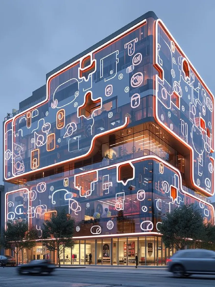 Русский промпт: Рендеринг современного многоэтажного здания с уникальным архитектурным дизайном, в котором сочетается сочетание полупрозрачных стеклянных и неоновых апельсиновых акцентов. Фасад украшен различными значками, создавая визуально стимулирующий и привлекательный дисплей. Здание расположено на городской улице в сумерках, с проезжающими мимо автомобилей и пешеходом, пересекающимся на переднем плане. Небо глубоко синее, с солнцем на заднем плане на заднем плане, набрав теплое сияние на сцене. Изображение очень подробно и реалистично, с акцентом на сложный дизайн фасада здания. | Original prompt: A rendering of a modern, multi-story building with a unique architectural design, featuring a combination of translucent glass and neon orange accents. The facade is decorated with various icons, creating a visually stimulating and eye-catching display. The building is located on a city street at dusk, with cars passing by and a pedestrian crossing in the foreground. The sky is a deep blue, with the sun setting in the background, casting a warm glow over the scene. The image is highly detailed and realistic, with a focus on the intricate design of the building's facade.