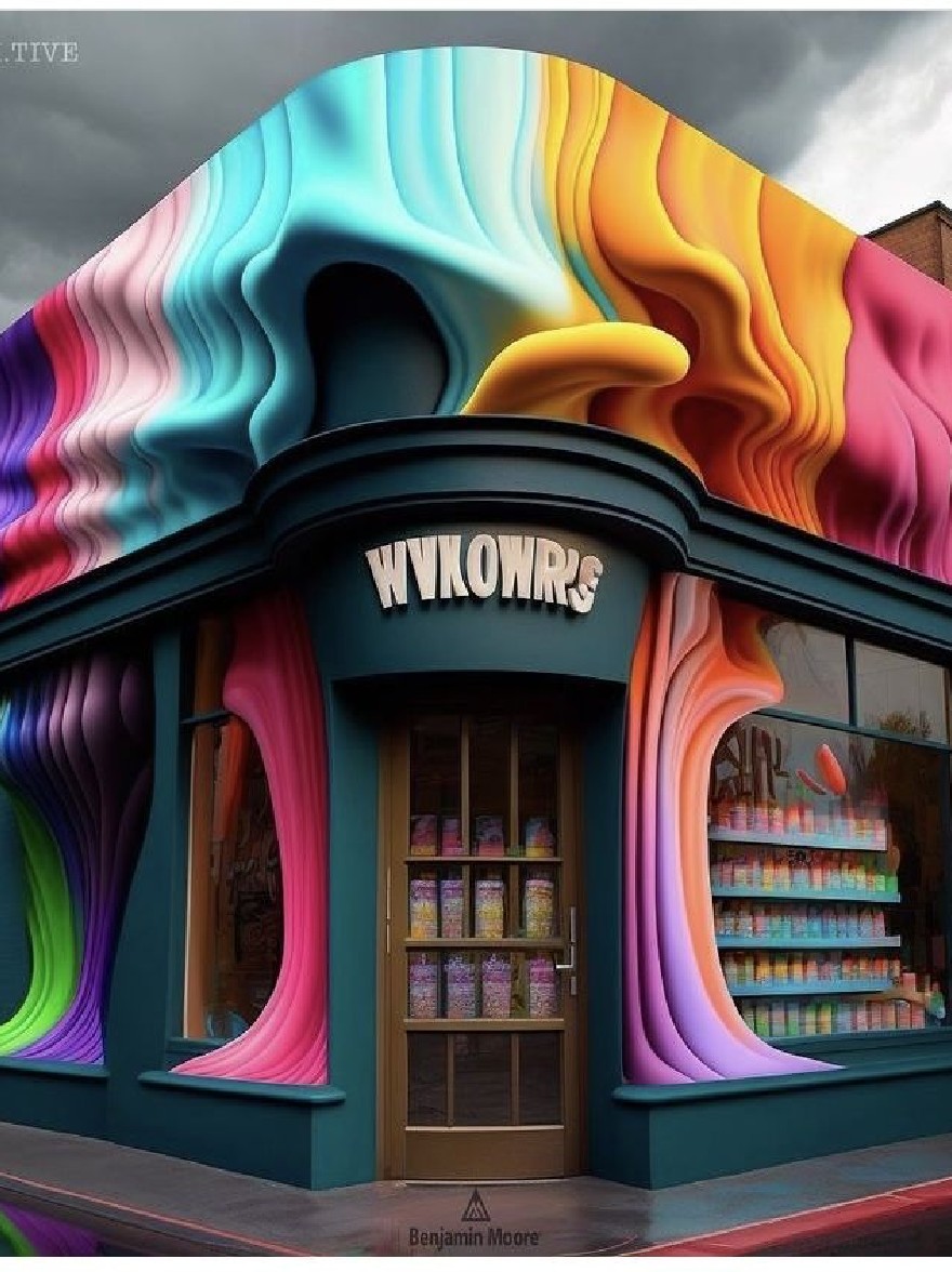 Русский промпт:  | Original prompt: A vibrant, multi-colored building with a unique, wavy facade that blends seamlessly into the surrounding environment. The building has a turquoise exterior with large windows that reflect the vibrant colors of the rainbow. On the front of the building, there is a sign that reads "WWKOWR'S" in bold, white lettering. Inside the store, there are shelves filled with various items such as nail polish, nail polish bottles, and nail polish cones. The sky above is cloudy, adding to the surreal atmosphere of the scene. The image is a digital rendering, with a watermark in the top left corner.