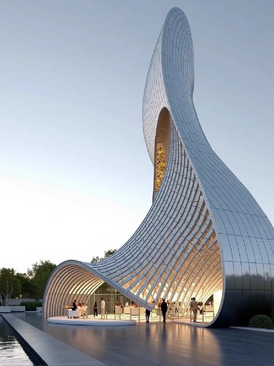 Русский промпт: Рендеринг футуристического, изогнутого здания с уникальным архитектурным дизайном. Здание изготовлено из гофрированного металла и дерева, с изогнутой волнистой формой, которая создает ощущение глубины и измерения. Экстерьер освещается мягким, теплым светом, просыпая нежное сияние на окружающую область. Люди собираются вокруг входа, восхищаясь архитектурой. Небо ясное синее, а общая атмосфера - мирная и безмятежная. Изображение сформулировано с минималистской, чистой границей, придавая ему современный и изысканный вид. | Original prompt: A rendering of a futuristic, curved building with a unique architectural design. The building is made of corrugated metal and wood, with a curved, wavy shape that creates a sense of depth and dimension. The exterior is illuminated by soft, warm light, casting a gentle glow on the surrounding area. People are gathered around the entrance, admiring the architecture. The sky is a clear blue, and the overall atmosphere is peaceful and serene. The image is framed with a minimalist, clean border, giving it a modern and sophisticated look.