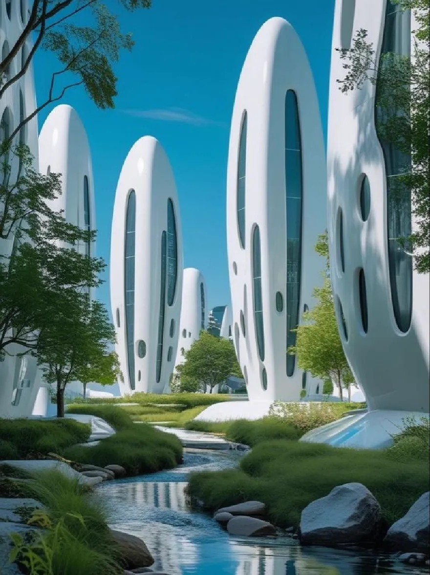 Русский промпт: Футуристический, футуристический городский пейзаж с высокими цилиндрическими белыми зданиями с большими овальными окнами и безмятежной рекой, протекающей через него. Здания окружены пышной зеленью, в том числе деревья и камни, а небо яркое, чистое голубое. Сцена установлена в естественной обстановке, с чистой, отражающей рекой, бегущей вдоль зданий. Изображение имеет высококачественное 3D-рендеринг с чистым, четким видом. Общая атмосфера мирная и безмятежная. | Original prompt: A futuristic, futuristic cityscape with tall, cylindrical white buildings featuring large, oval-shaped windows and a serene river running through it. The buildings are surrounded by lush greenery, including trees and rocks, and the sky is a bright, clear blue. The scene is set in a natural setting, with a clear, reflective river running alongside the buildings. The image has a high-quality, 3D rendering with a clean, crisp look. The overall atmosphere is peaceful and serene.