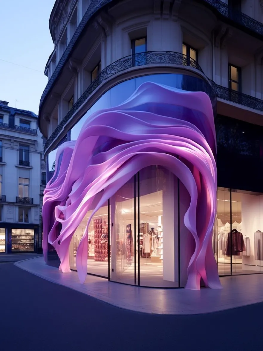 Русский промпт:  | Original prompt: Photo of a modern building with a curved glass facade and a large, wavy structure made of pink and purple fabric. The building is located in Paris, France, with a clear blue sky in the background. The structure is illuminated by soft, ambient lighting, creating a striking contrast between the two colors. Inside the building, there are mannequins dressed in fashionable clothing, showcasing a range of designs. The overall aesthetic of the building is contemporary and elegant.