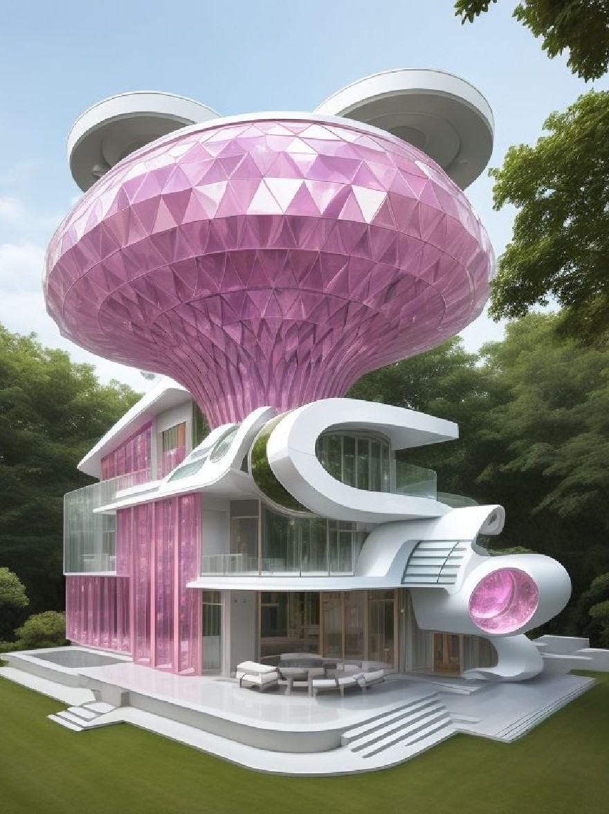 Русский промпт: Футуристический, розовый и белый дом с уникальной, сферической формой и изогнутой крышей. Дом расположен в пышном зеленом лесу, с ярко -голубым небом на заднем плане. Экстерьер дома состоит из серии стеклянных панелей в форме треугольной формы, придавая ему уникальный и привлекательный вид. Стеклянные панели отражают солнечный свет, создавая яркую и воздушную атмосферу. Здание имеет современный минималистский дизайн с чистыми линиями и кривыми. Общая эстетика - это изысканность и элегантность. | Original prompt: A futuristic, pink and white house with a unique, spherical shape and a curved roof. The house is situated in a lush, green forest, with a bright blue sky in the background. The exterior of the house is made up of a series of triangular-shaped glass panels, giving it a unique and eye-catching look. The glass panels reflect the sunlight, creating a bright and airy atmosphere. The building has a modern, minimalist design with clean lines and curves. The overall aesthetic is one of sophistication and elegance.