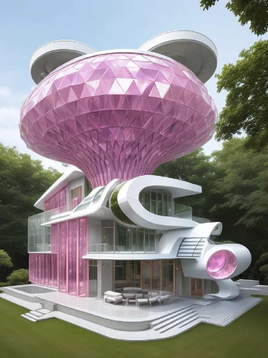 Русский промпт: Футуристический, розовый и белый дом с уникальной, сферической формой и изогнутой крышей. Дом расположен в пышном зеленом лесу, с ярко -голубым небом на заднем плане. Экстерьер дома состоит из серии стеклянных панелей в форме треугольной формы, придавая ему уникальный и привлекательный вид. Стеклянные панели отражают солнечный свет, создавая яркую и воздушную атмосферу. Здание имеет современный минималистский дизайн с чистыми линиями и кривыми. Общая эстетика - это изысканность и элегантность. | Original prompt: A futuristic, pink and white house with a unique, spherical shape and a curved roof. The house is situated in a lush, green forest, with a bright blue sky in the background. The exterior of the house is made up of a series of triangular-shaped glass panels, giving it a unique and eye-catching look. The glass panels reflect the sunlight, creating a bright and airy atmosphere. The building has a modern, minimalist design with clean lines and curves. The overall aesthetic is one of sophistication and elegance.