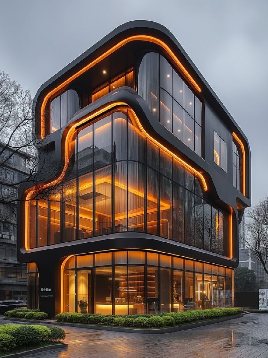 Русский промпт: Современное, гладкое, черное здание с уникальным архитектурным дизайном с изогнутыми стеклянными стенами и светящимися оранжевыми неоновыми огнями. Здание расположено в городской обстановке, с мокрой булыжником на переднем плане. Небо темное и облачное, а освещение драматично, набрав теплое сияние на внешней стороне здания. Есть деревья и кусты, окружающие здание, и перед ним припарковано машина. Общая эстетика минималистичная и современная. | Original prompt: A modern, sleek, black building with a unique architectural design, featuring curved glass walls and glowing orange neon lights. The building is situated in an urban setting, with a wet, cobblestone street in the foreground. The sky is dark and cloudy, and the lighting is dramatic, casting a warm glow on the building's exterior. There are trees and bushes surrounding the building, and a car parked in front of it. The overall aesthetic is minimalistic and contemporary.
