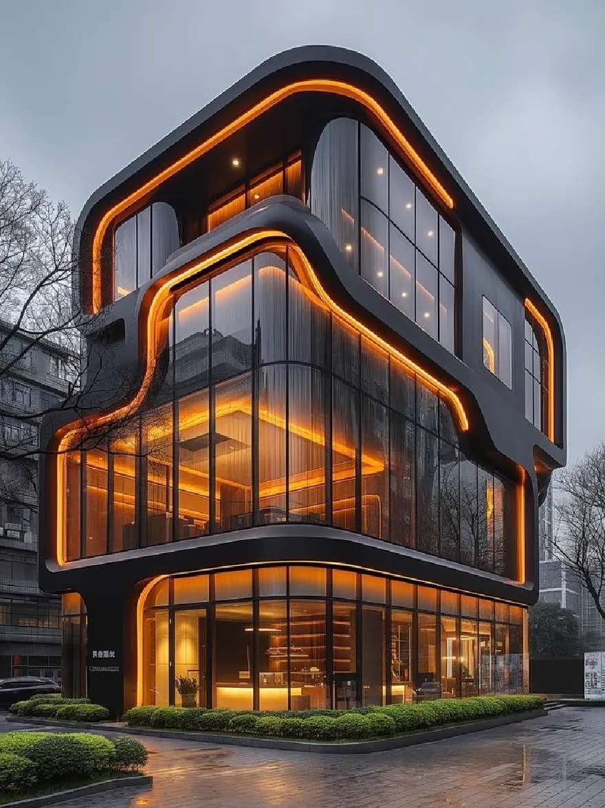 Русский промпт: Современное, гладкое, черное здание с уникальным архитектурным дизайном с изогнутыми стеклянными стенами и светящимися оранжевыми неоновыми огнями. Здание расположено в городской обстановке, с мокрой булыжником на переднем плане. Небо темное и облачное, а освещение драматично, набрав теплое сияние на внешней стороне здания. Есть деревья и кусты, окружающие здание, и перед ним припарковано машина. Общая эстетика минималистичная и современная. | Original prompt: A modern, sleek, black building with a unique architectural design, featuring curved glass walls and glowing orange neon lights. The building is situated in an urban setting, with a wet, cobblestone street in the foreground. The sky is dark and cloudy, and the lighting is dramatic, casting a warm glow on the building's exterior. There are trees and bushes surrounding the building, and a car parked in front of it. The overall aesthetic is minimalistic and contemporary.