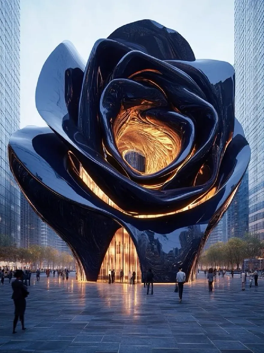 Русский промпт: Большая скульптурная скульптура в форме розы посреди городской площади, окруженная высокими современными небоскребами. Скульптура освещается теплым, золотым светом, создавая поразительный контраст против темной, отражающей поверхности. Люди собираются вокруг скульптуры, восхищаясь его красотой. Небо ясное и синее, добавляя к мирной атмосфере сцены. Изображение представляет собой цифровой рендеринг, с водяным знаком в правом нижнем углу. | Original prompt: A large, sculptural rose-shaped sculpture in the middle of a city square, surrounded by tall, modern skyscrapers. The sculpture is illuminated by a warm, golden light, creating a striking contrast against the dark, reflective surface. People are gathered around the sculpture, admiring its beauty. The sky is clear and blue, adding to the peaceful atmosphere of the scene. The image is a digital rendering, with a watermark in the bottom right corner.