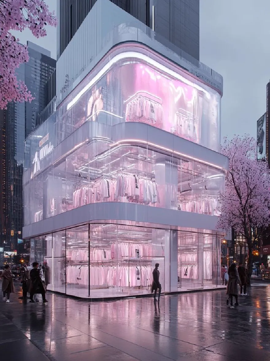 Русский промпт:  | Original prompt: A rendering of a futuristic, translucent building with a pink neon sign in the middle of a busy city street at night. The building has a glass facade and is surrounded by tall skyscrapers. Inside the building, there are clothes hanging neatly, and people are walking around. The scene is illuminated by the soft pink glow of the neon sign. The sky is dark and cloudy, with cherry blossom trees in full bloom on either side of the building. The overall aesthetic is minimalistic and contemporary.
