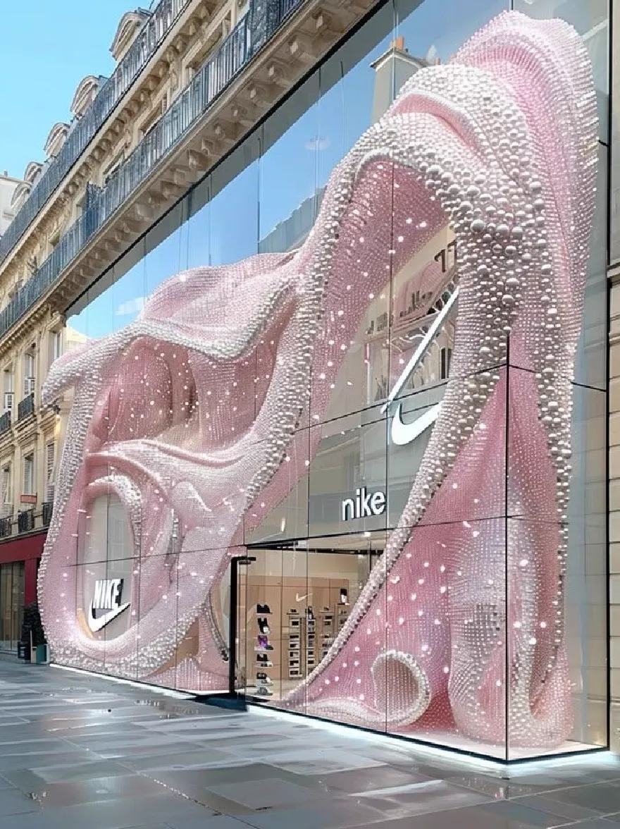 Русский промпт: Большая, блестящая розовая обувь Nike, отображаемая в окне магазина в Париже, Франция. Обувь украшена белым жемчугом, придавая ей роскошный и гламурный вид. Стеклянный фасад магазина отражает ярко -голубое небо и окружающие здания, создавая потрясающий визуальный эффект. Отражение обуви и магазина можно увидеть в стекле, добавляя к общей эстетике изображения. | Original prompt: A large, sparkling pink Nike shoe displayed in the window of a store in Paris, France. The shoe is adorned with white pearls, giving it a luxurious and glamorous look. The store's glass facade reflects the bright blue sky and the surrounding buildings, creating a stunning visual effect. The reflection of the shoe and the store can be seen in the glass, adding to the overall aesthetic of the image.