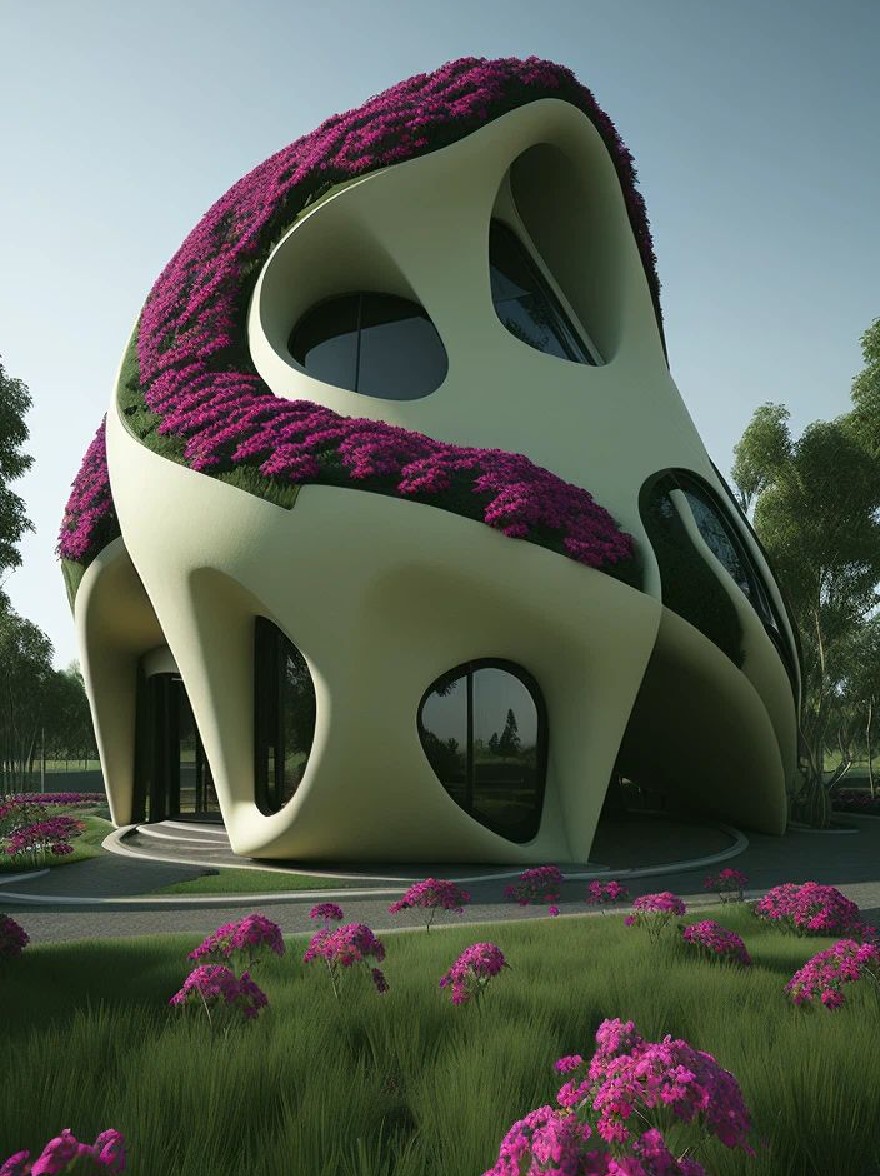 Русский промпт: Футуристическое, органическое здание с изогнутым, изогнутым внешним видом и яркой зеленой крышей, покрытой розовыми цветами. Здание расположено в пышной травянистой районе с высокими деревьями на заднем плане и извилистой дорожкой, ведущей к входу. Небо ясное и синее, а общая атмосфера мирная и безмятежная. Освещение мягкое и естественное, подчеркивая сложные детали дизайна здания и окружающую зелень. | Original prompt: A futuristic, organic building with a curved, curved exterior and a vibrant green roof covered in pink flowers. The building is situated in a lush, grassy area with tall trees in the background, and a winding pathway leading up to the entrance. The sky is clear and blue, and the overall atmosphere is peaceful and serene. The lighting is soft and natural, highlighting the intricate details of the building's design and the surrounding greenery.