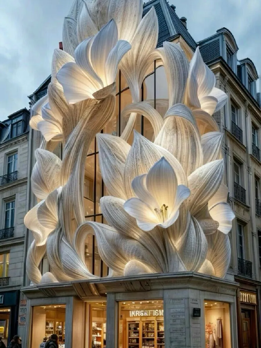 Русский промпт: Изображение показывает потрясающий архитектурный шедевр с большой замысловатой, белой цветоподобной структурой, изготовленной из волнистой текстурированной бумаги, расположенной в Париже, Франция. Здание освещено мягким, теплым светом, создавая прекрасный контраст с окружающими зданиями. Структура состоит из нескольких слоев полупрозрачной бумаги, напоминающей лилии, со сложными деталями, которые напоминают лепестки цветочного цвета. Экстерьер здания украшен большими, нежными цветами, добавляя оттенки элегантности и изысканности к общему дизайну. Люди можно увидеть, проходя мимо здания, восхищаясь его красотой. Небо на заднем плане глубоко синее, с несколькими облаками, разбросанными по нему, добавляя к безмятежной атмосфере. | Original prompt: The image shows a stunning architectural masterpiece featuring a large, intricate, white flower-like structure made of wavy, textured paper, located in Paris, France. The building is illuminated by a soft, warm light, creating a beautiful contrast with the surrounding buildings. The structure is composed of multiple layers of translucent paper, resembling lilies, with intricate details that resemble the petals of a flower. The exterior of the building is adorned with large, delicate flowers, adding a touch of elegance and sophistication to the overall design. People can be seen walking past the building, admiring its beauty. The sky in the background is a deep blue, with a few clouds scattered across it, adding to the serene atmosphere.