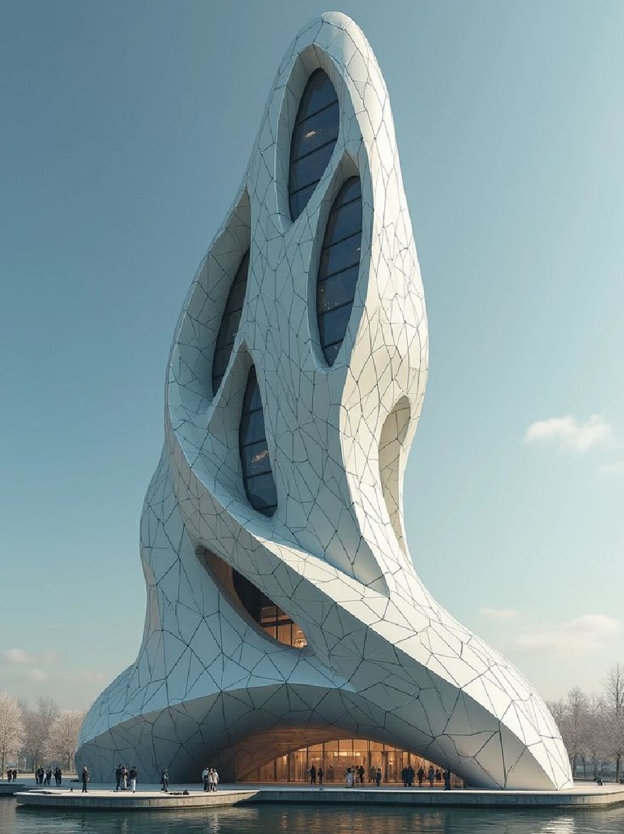 Русский промпт: Футуристический архитектурный рендеринг футуристического здания с уникальным архитектурным дизайном. Здание имеет треугольную форму с плоской крышей и геометрическим рисунком. Внешний вид преимущественно белый с геометрической решеткой, подобной текстуре. Небо ясное и синее, с несколькими разбросанными облаками. На переднем плане есть водоем, отражающий здание. Люди можно увидеть, ходящие по подножию здания, некоторые стояли, а некоторые ходят вокруг. Общая эстетика минималистичная и современная. | Original prompt: A futuristic architectural rendering of a futuristic building with a unique architectural design. The building has a triangular shape with a flat roof and a geometric pattern. The exterior is predominantly white with a geometric lattice-like texture. The sky is clear and blue, with a few scattered clouds. In the foreground, there is a body of water reflecting the building. People can be seen walking around the base of the building, some standing and some walking around. The overall aesthetic is minimalistic and contemporary.
