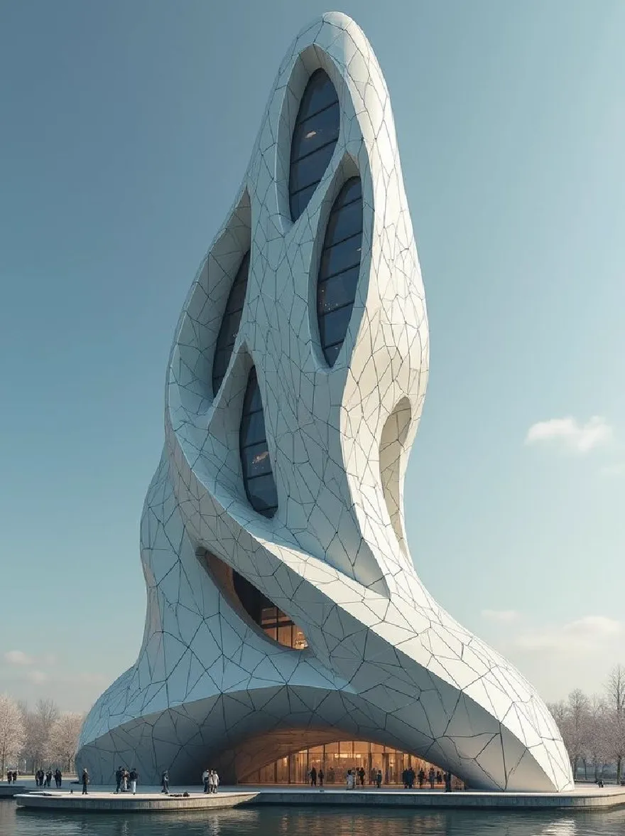 Русский промпт: Футуристический архитектурный рендеринг футуристического здания с уникальным архитектурным дизайном. Здание имеет треугольную форму с плоской крышей и геометрическим рисунком. Внешний вид преимущественно белый с геометрической решеткой, подобной текстуре. Небо ясное и синее, с несколькими разбросанными облаками. На переднем плане есть водоем, отражающий здание. Люди можно увидеть, ходящие по подножию здания, некоторые стояли, а некоторые ходят вокруг. Общая эстетика минималистичная и современная. | Original prompt: A futuristic architectural rendering of a futuristic building with a unique architectural design. The building has a triangular shape with a flat roof and a geometric pattern. The exterior is predominantly white with a geometric lattice-like texture. The sky is clear and blue, with a few scattered clouds. In the foreground, there is a body of water reflecting the building. People can be seen walking around the base of the building, some standing and some walking around. The overall aesthetic is minimalistic and contemporary.