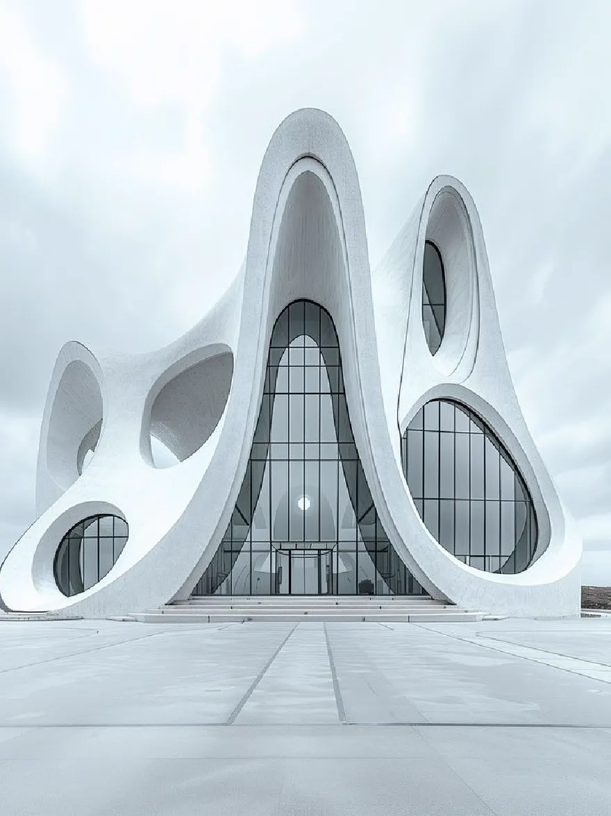 Русский промпт: Минималистская архитектурная фотография современного, футуристического здания с уникальным архитектурным дизайном. Здание имеет белый изогнутый фасад с большими изогнутыми окнами, которые отражают яркое, чистое небо выше. Вход окружен двумя большими круглыми отверстиями с обеих сторон, каждый с меньшим отверстием внизу. Земля сделана из бетона, а небо - чистый, свежий синий. Изображение в черно -белом, с минималистской эстетикой. Перспектива снизу, глядя на здание. | Original prompt: A minimalist architectural photograph of a modern, futuristic building with a unique architectural design. The building has a white, curved facade with large, curved windows that reflect the bright, clear sky above. The entrance is flanked by two large, circular openings on either side, each with a smaller opening at the bottom. The ground is made of concrete, and the sky is a clear, crisp blue. The image is in black and white, with a minimalist aesthetic. The perspective is from below, looking up at the building.