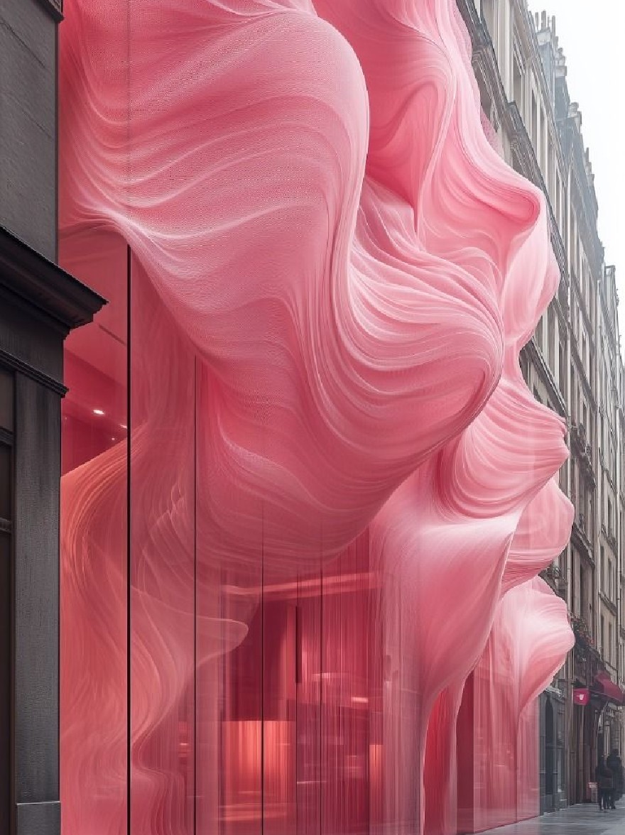 Русский промпт: Изображение показывает современное здание с уникальным архитектурным дизайном с полупрозрачным фасадом в оттенках розового цвета с волнистыми линиями, которые создают жидкий и жидкий внешний вид. Здание расположено на городской улице, с высокими зданиями с обеих сторон и несколько человек проходят мимо. Небо видно на заднем плане, а освещение мягкое и равномерное, создавая мечтательную атмосферу. Изображение в черно -белом, с минималистской эстетикой. | Original prompt: The image shows a modern building with a unique architectural design, featuring a translucent facade in shades of pink with wavy lines that create a fluid and fluid appearance. The building is situated on a city street, with tall buildings on either side and a few people walking by. The sky is visible in the background, and the lighting is soft and even, creating a dreamy atmosphere. The image is in black and white, with a minimalist aesthetic.