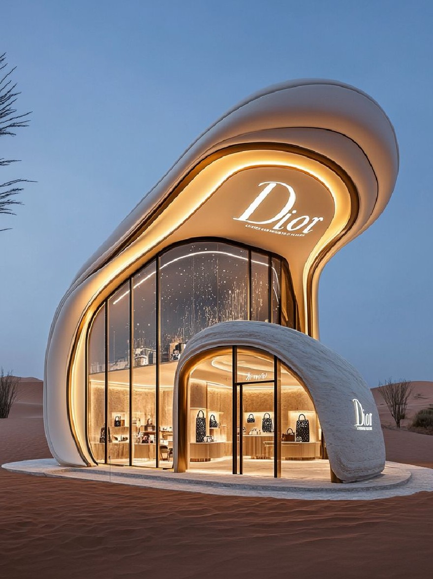 Русский промпт: Рендеринг современного, изогнутого, белого и золотого магазина Dior в пустыне в сумерках. В магазине есть гладкий, современный дизайн с изогнутыми стеклянными стенами и изогнутой крышей, а также культовый логотип Dior, заметно отображаемый спереди. Вход окружен двумя большими изогнутыми окнами, которые отражают теплый, золотой свет заходящего солнца. Внутри магазина есть полки, заполненные различными брендами Dior, включая сумочки и аксессуары. Небо глубоко синее, с несколькими тонкими облаками. Пустынный ландшафт огромный и бесплодный, с редкой растительностью на заднем плане. Общая эстетика минималистичная и современная. | Original prompt: A rendering of a modern, curved, white and gold Dior store in the desert at dusk. The store has a sleek, modern design with curved glass walls and a curved roof, and the iconic Dior logo prominently displayed on the front. The entrance is flanked by two large, curved windows that reflect the warm, golden light of the setting sun. Inside the store, there are shelves filled with various Dior-branded items, including handbags and accessories. The sky is a deep blue, with a few wispy clouds. The desert landscape is vast and barren, with sparse vegetation in the background. The overall aesthetic is minimalistic and contemporary.