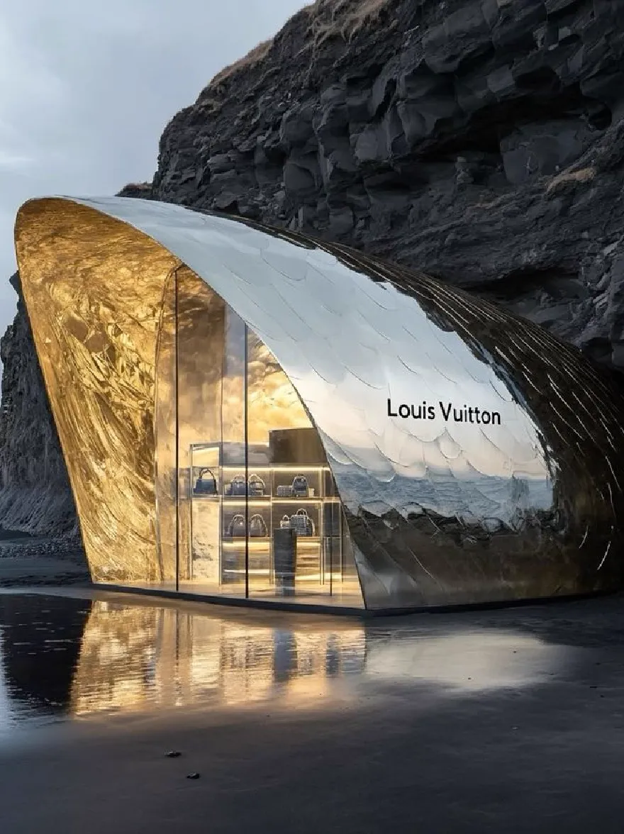 Русский промпт: Потрясающий, футуристический магазин Louis Vuitton на скалистом пляже в сумерках. Магазин изготовлен из блестящего металлического золота и стекла, отражающего теплый, золотой свет. Вход обрамлен изогнутой металлической крышей и имеет культовый логотип LV, заметно отображаемый спереди. Внутри магазина есть полки, заполненные роскошными сумочками и аксессуарами. На фоне показывается каменистый утес с видом на океан с отражением магазина на поверхности воды. Небо глубоко синее, с несколькими облаками, разбросанными по нему. Общая эстетика минималистичная и современная. | Original prompt: A stunning, futuristic Louis Vuitton store on a rocky beach at dusk. The store is made of shiny, metallic gold and glass, reflecting the warm, golden light. The entrance is framed by a curved, metallic roof and has the iconic LV logo prominently displayed on the front. Inside the store, there are shelves filled with luxury handbags and accessories. The background features a rocky cliff overlooking the ocean, with the reflection of the store on the water's surface. The sky is a deep blue, with a few clouds scattered across it. The overall aesthetic is minimalistic and contemporary.