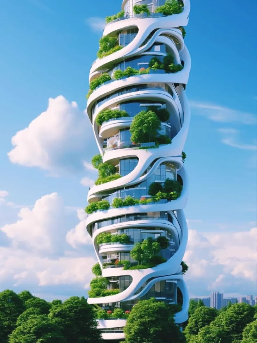 Русский промпт: Футуристическое, вертикальное здание с уникальным архитектурным дизайном с изогнутым, белым внешним видом и множественными уровнями зелени, выращивая вертикально по бокам. Здание расположено в парковой обстановке с пышными зелеными деревьями, окружающими его, и ярко-синим небом с пушистыми белыми облаками на заднем плане. Изображение представляет собой цифровой рендеринг с водяным знаком в правом нижнем углу. | Original prompt: A futuristic, vertical building with a unique architectural design, featuring curved, white exterior and multiple levels of greenery growing vertically on the sides. The building is situated in a park-like setting with lush green trees surrounding it, and a bright blue sky with fluffy white clouds in the background. The image is a digital rendering with a watermark in the bottom right corner.