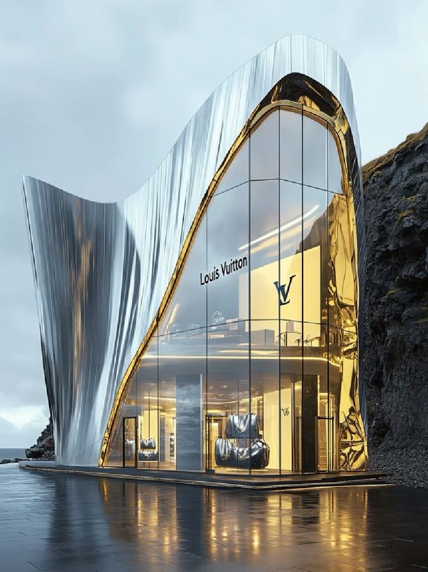 Русский промпт: Рендеринг магазина Louis Vuitton, расположенного на скале с видом на океан в сумерках. Здание имеет гладкий, современный дизайн с изогнутым металлическим фасадом и большими отражающими окнами, которые отражают теплый, золотой свет. Вход окружен двумя большими изогнутыми стеклянными дверями, которые ведут в магазин. Название магазина «Louis Vuitton» выставлено на передней части здания. Небо глубоко синее, с несколькими облаками, разбросанными по нему, и на заднем плане можно увидеть океан. Освещение мягкое, создавая мирную атмосферу. Изображение очень подробно и имеет водяной знак в правом нижнем углу. | Original prompt: A rendering of a Louis Vuitton store located on a cliff overlooking the ocean at dusk. The building has a sleek, modern design with a curved, metallic facade and large, reflective windows that reflect the warm, golden light. The entrance is flanked by two large, curved glass doors that lead into the store. The store's name, "Louis Vuitton," is prominently displayed on the front of the building. The sky is a deep blue, with a few clouds scattered across it, and the ocean can be seen in the background. The lighting is soft, creating a peaceful atmosphere. The image is highly detailed and has a watermark in the bottom right corner.