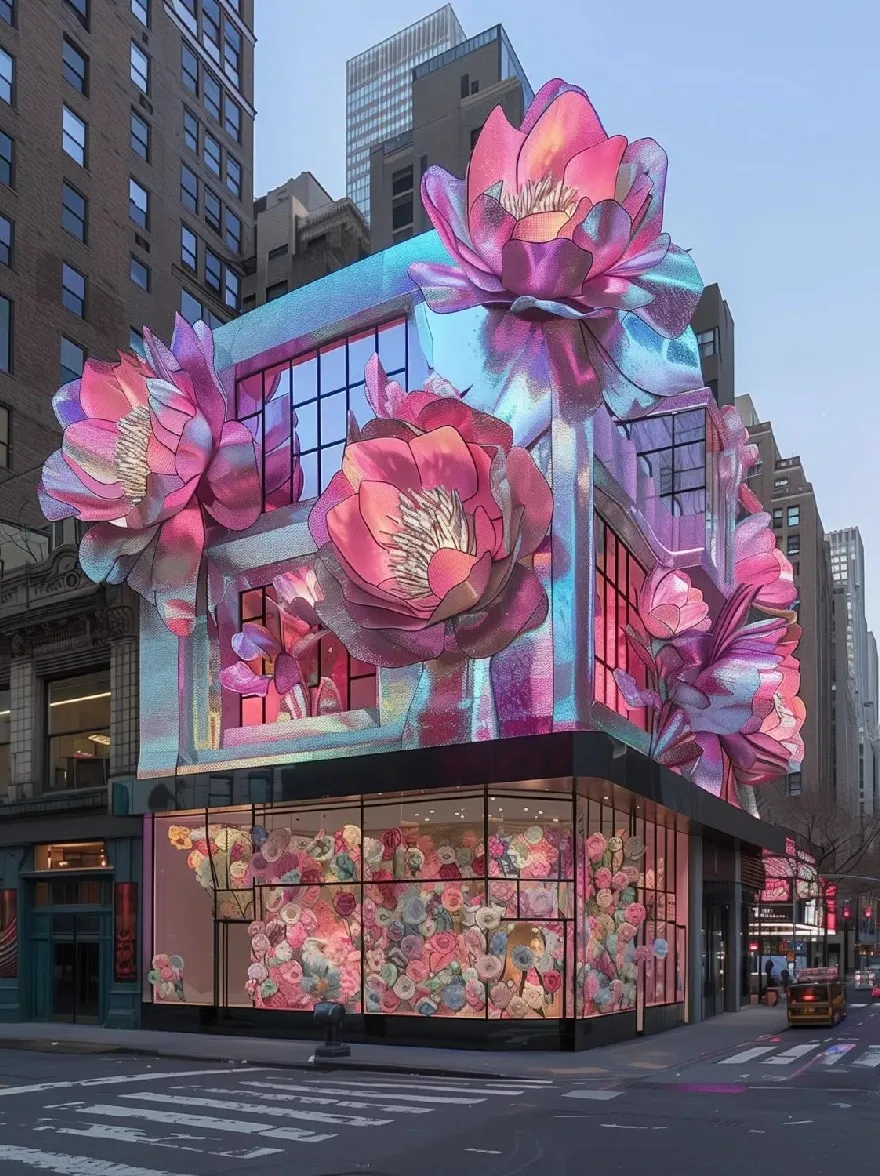 Русский промпт: На изображении показано яркое многоэтажное здание в Нью-Йорке, украшенное большим голографическим демонстрацией больших розовых цветов и лент, установленных на фоне высоких современных небоскребов. Здание освещено мягким, эфирным светом, создающим мечтательную, романтическую атмосферу. Цветы расположены в симметричном рисунке, причем каждый лепесток деликатно расположен на вершине здания, добавляя оттенки элегантности и изысканности. Сцена суетливая активность, с проезжающими мимо транспортных средств, и проходят пешеходы. Небо глубоко синее, с несколькими облаками, разбросанными по нему, добавляя к безмятежной атмосферу. | Original prompt: The image shows a vibrant, multi-storey building in New York City, adorned with a large, holographic display of large, pink flowers and ribbons, set against a backdrop of tall, modern skyscrapers. The building is illuminated by a soft, ethereal light, creating a dreamy, romantic atmosphere. The flowers are arranged in a symmetrical pattern, with each petal delicately placed on top of the building, adding a touch of elegance and sophistication. The scene is bustling with activity, with vehicles passing by and pedestrians walking by. The sky is a deep blue, with a few clouds scattered across it, adding to the serene ambiance.