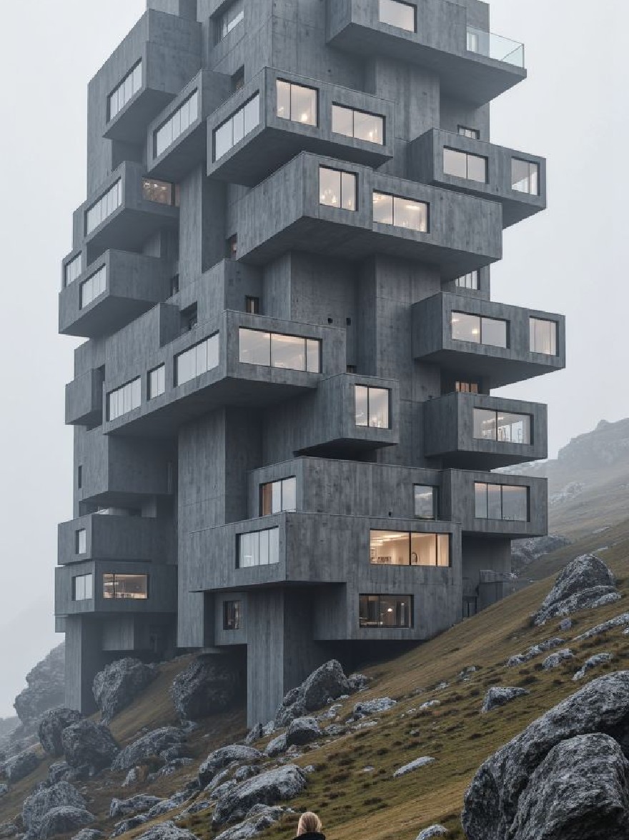 Русский промпт: Человек, стоящий на скалистом склоне холма, с высоким бетонным зданием с несколькими уровнями и балконами. Здание окутано туманом, давая ему таинственную и эфирную атмосферу. Человек носит черную толстовку, а земля покрыта травой и камнями. Освещение мягкое и распространенное, создавая ощущение глубины и загадки. Общее настроение - это одиночество и одиночество. | Original prompt: A person standing on a rocky hillside, facing a tall, concrete building with multiple levels and balconies. The building is shrouded in fog, giving it a mysterious and ethereal atmosphere. The person is wearing a black hoodie, and the ground is covered in grass and rocks. The lighting is soft and diffused, creating a sense of depth and mystery. The overall mood is one of solitude and solitude.