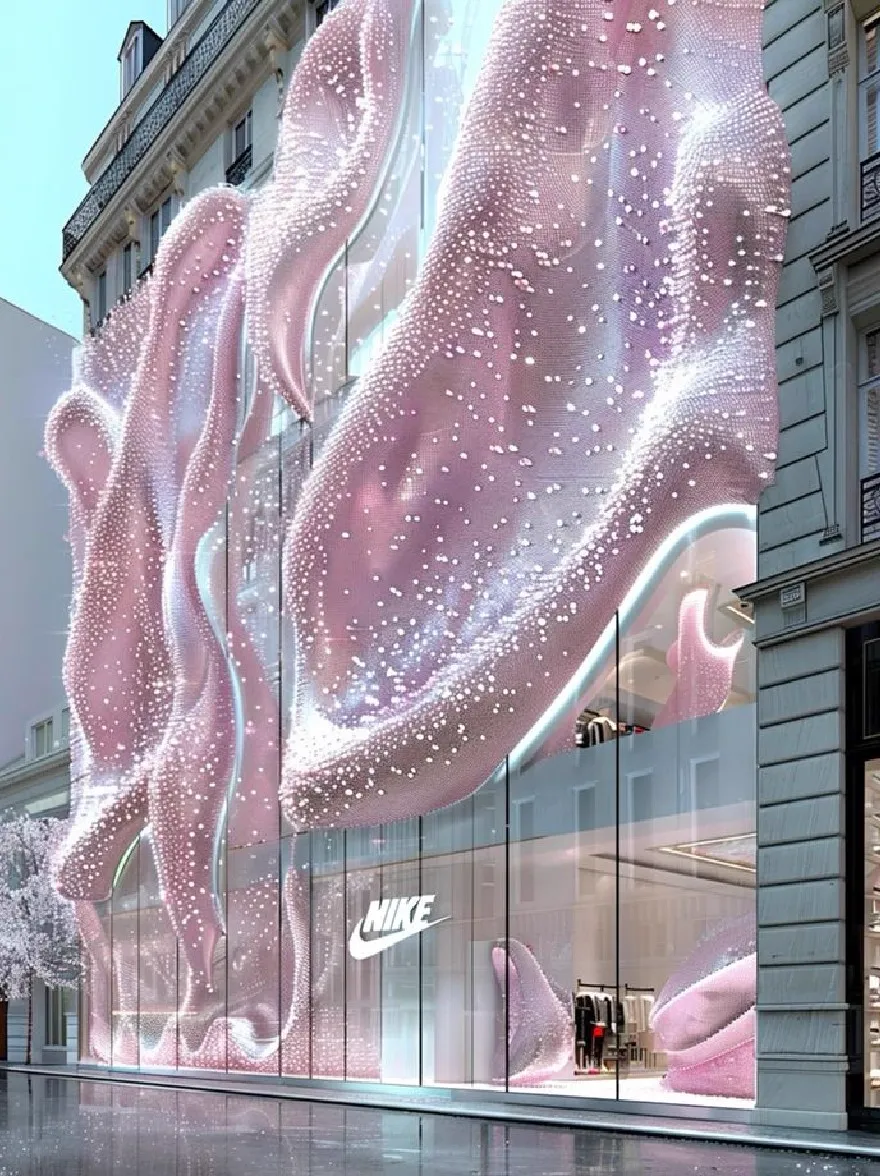 Русский промпт: Большое многоэтажное здание с большим прозрачным оконным дисплеем с обнаженной, полупрозрачной фигурой женского торса, покрытого блестящим розовым и белым конфетти, с логотипом Nike, выставленным в центре. Здание расположено на городской улице, с ясным синим небом на заднем плане. Отражение фигуры и здания можно увидеть на стекле окна, создавая завораживающий эффект. Освещение яркое и равномерное, подчеркивая сложные детали структуры и конфетти. | Original prompt: A large, multi-storey building with a large, transparent window display featuring a nude, translucent figure of a woman's torso covered in sparkling pink and white confetti, with the Nike logo prominently displayed in the center. The building is located on a city street, with a clear blue sky in the background. The reflection of the figure and the building can be seen on the glass of the window, creating a mesmerizing effect. The lighting is bright and even, highlighting the intricate details of the structure and the confetti.