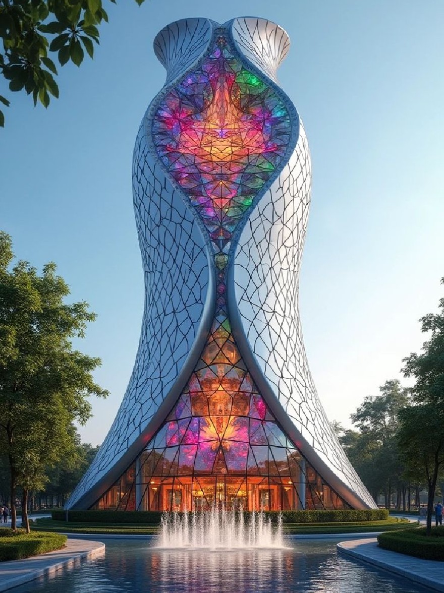 Русский промпт: Футуристическое, разноцветное здание с уникальным архитектурным дизайном. Здание имеет цилиндрическую форму с плоской крышей и решеткой, похожей на конструкцию. Фасад состоит из нескольких слоев стекла, каждый из которых с различным цветом, создавая радужный эффект. Перед зданием есть большой, сверкающий фонтан. Небо чистое и синее, а здание окружено пышной зеленью. Люди можно увидеть, ходящие по зданию. Изображение высокого качества и имеет мечтательное, эфирное качество. | Original prompt: A futuristic, multicolored building with a unique architectural design. The building has a cylindrical shape with a flat roof and a lattice-like structure. The facade is made up of multiple layers of glass, each with a different color, creating a rainbow-like effect. In front of the building, there is a large, sparkling fountain. The sky is clear and blue, and the building is surrounded by lush greenery. People can be seen walking around the building. The image is high quality and has a dreamy, ethereal quality.