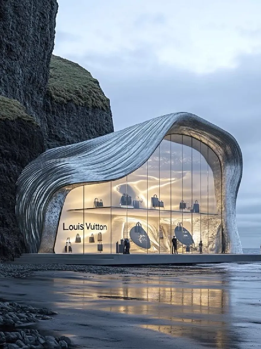Русский промпт: Рендеринг магазина Louis Vuitton на пляже в сумерках, с изогнутым волнистым металлическим фасадом, отражающим теплый, золотой свет заходящего солнца. Магазин расположен на скалистом скале с видом на океан, с отражением неба и облаков, видимых на стеклянных стенах. Люди стоят возле магазина, восхищаются его гладким, современным дизайном. Освещение мягкое и теплое, создавая мирную атмосферу. Изображение представляет собой фотографию с высоким разрешением с водяным знаком в правом нижнем углу. | Original prompt: A rendering of a Louis Vuitton store on a beach at dusk, with a curved, wavy, metallic facade reflecting the warm, golden light of the setting sun. The store is situated on a rocky cliff overlooking the ocean, with the reflection of the sky and clouds visible on the glass walls. People are standing outside the store, admiring its sleek, modern design. The lighting is soft and warm, creating a peaceful atmosphere. The image is a high-resolution photograph with a watermark in the bottom right corner.