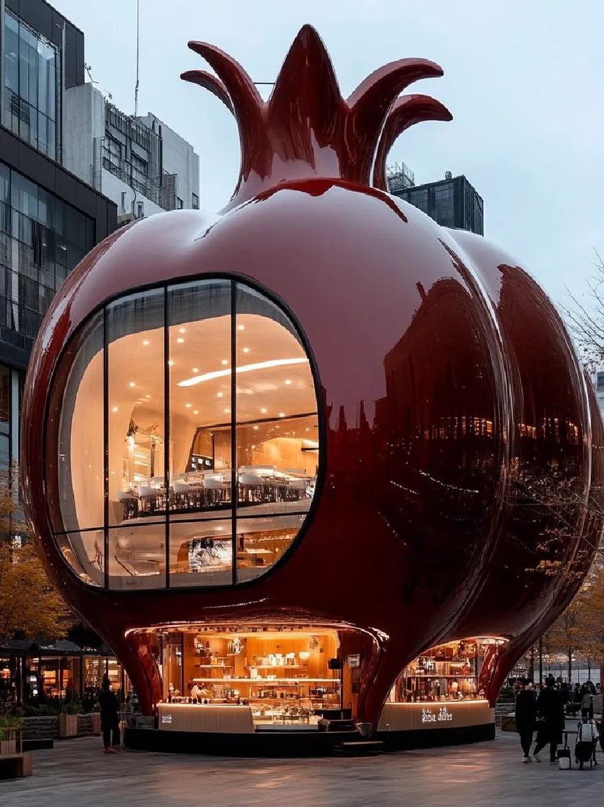 Русский промпт: Большое, блестящее, красное здание в форме граната с изогнутым стеклянным фасадом, расположенным посреди городской площади в сумерках. Люди гуляют по зданию, восхищаясь его отражением в стекле. Здание имеет современный минималистский дизайн с минималистской эстетикой. Освещение мягкое и теплое, создавая уютную атмосферу. Небо глубоко синее, с несколькими облаками, разбросанными по нему. Общее настроение мирно и привлекательно. | Original prompt: A large, shiny, red pomegranate-shaped building with a curved glass facade, situated in the middle of a city square at dusk. People are walking around the building, admiring its reflection in the glass. The building has a modern, minimalist design with a minimalist aesthetic. The lighting is soft and warm, creating a cozy atmosphere. The sky is a deep blue, with a few clouds scattered across it. The overall mood is peaceful and inviting.