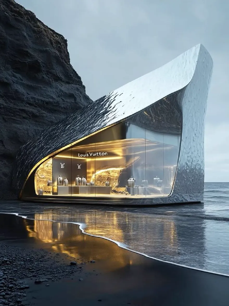 Русский промпт: Футуристический, минималистский магазин, разработанный Louis Vuitton, расположенный на пляже в сумерках. В магазине есть гладкий, изогнутый металлический фасад с отражающей, текстурированной поверхностью, которая отражает теплый, золотой свет заходящего солнца. Внутри магазина есть несколько белых коробок с известным известным логотипом LV, а также название магазина, написанное золотыми надписями. Здание окружено скалистым скалом, а отражение магазина можно увидеть на влажном песке. Небо глубоко синее, с несколькими тонкими облаками. Общая эстетика - одна из роскоши и изысканности. | Original prompt: A futuristic, minimalist store designed by Louis Vuitton, located on a beach at dusk. The store has a sleek, curved, metallic facade with a reflective, textured surface that reflects the warm, golden light of the setting sun. Inside the store, there are several white boxes with the iconic LV logo prominently displayed, along with the store's name written in gold lettering. The building is surrounded by a rocky cliff, and the reflection of the store can be seen on the wet sand. The sky is a deep blue, with a few wispy clouds. The overall aesthetic is one of luxury and sophistication.