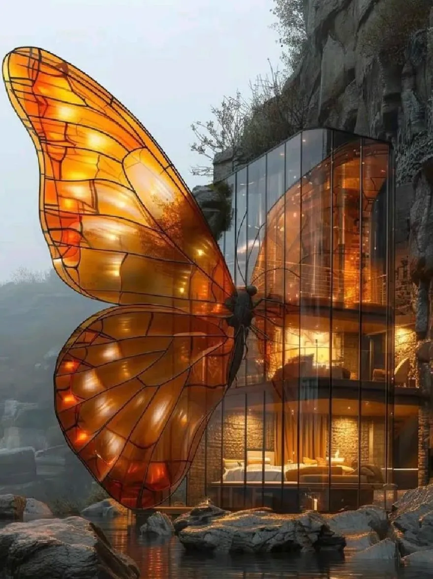 Русский промпт: Большая, полупрозрачная бабочка с оранжевыми крыльями, расположенной на скалистом скале с видом на спокойный пруд. Бабочка освещается мягким, теплым светом, прописывая теплый сияние на свои замысловатые узоры на крыльях. Здание за ним сделано из стекла, отражая мягкое, эфирное сияние окружающей среды. Небо глубоко синее, с несколькими тонкими облаками, разбросанными по нему. Сцена мирная и безмятежная, с широко распространенными крыльями бабочки, создавая ощущение движения и энергии. Общее настроение - это одно спокойствие и безмятежность. | Original prompt: A large, translucent butterfly with orange wings perched on a rocky cliff overlooking a tranquil pond. The butterfly is illuminated by soft, warm light, casting a warm glow on its intricate patterns on its wings. The building behind it is made of glass, reflecting the soft, ethereal glow of the surrounding environment. The sky is a deep blue, with a few wispy clouds scattered across it. The scene is peaceful and serene, with the butterfly's wings spread wide, creating a sense of movement and energy. The overall mood is one of tranquility and serenity.