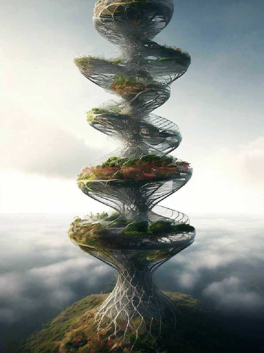 Русский промпт: Футуристическая, извращенная, вертикальная структура, напоминающая спиральную лестницу, сделанную из тонких, запутанных виноградных лоз и виноградных лоз, заманивающихся вокруг пышного зеленого склона холма. Структура окружена плотными, туманными облаками, придающими ей сюрреалистический, эфирный вид. Верхняя часть конструкции покрыта небольшими, яркими растениями и листвой, добавляя естественную красоту сцены. Изображение имеет минималистский, художественный стиль, с акцентом на сложные детали и текстуры лоз и листвы. В правом нижнем углу изображения есть водяной знак, в котором гласит «Wegebrym». Общий эффект - это страх и удивление в красоте природы. | Original prompt: A futuristic, twisted, vertical structure resembling a spiral staircase made of thin, tangled vines and vines winding around a lush, green hillside. The structure is surrounded by dense, misty clouds, giving it a surreal, ethereal appearance. The top of the structure is covered in small, vibrant plants and foliage, adding to the natural beauty of the scene. The image has a minimalist, artistic style, with a focus on the intricate details and textures of the vines and foliage. At the bottom right corner of the image, there is a watermark that reads "Wegebrym". The overall effect is one of awe and wonder at the beauty of nature.