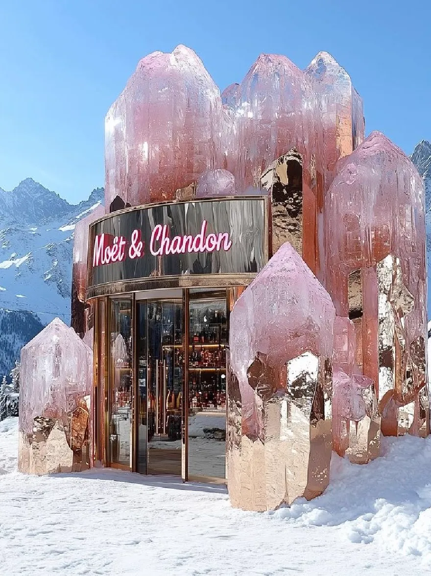 Русский промпт:  | Original prompt: Photo of a luxurious ice hotel in Switzerland, Moet & Chandon, surrounded by snow-covered mountains in the background. The hotel is made up of large, crystalline ice formations, with a pink and gold color scheme. The entrance is flanked by two smaller ice formations on either side, with the hotel's name written in a cursive font above the entrance. The sky is clear and blue, and the overall atmosphere is peaceful and serene.
