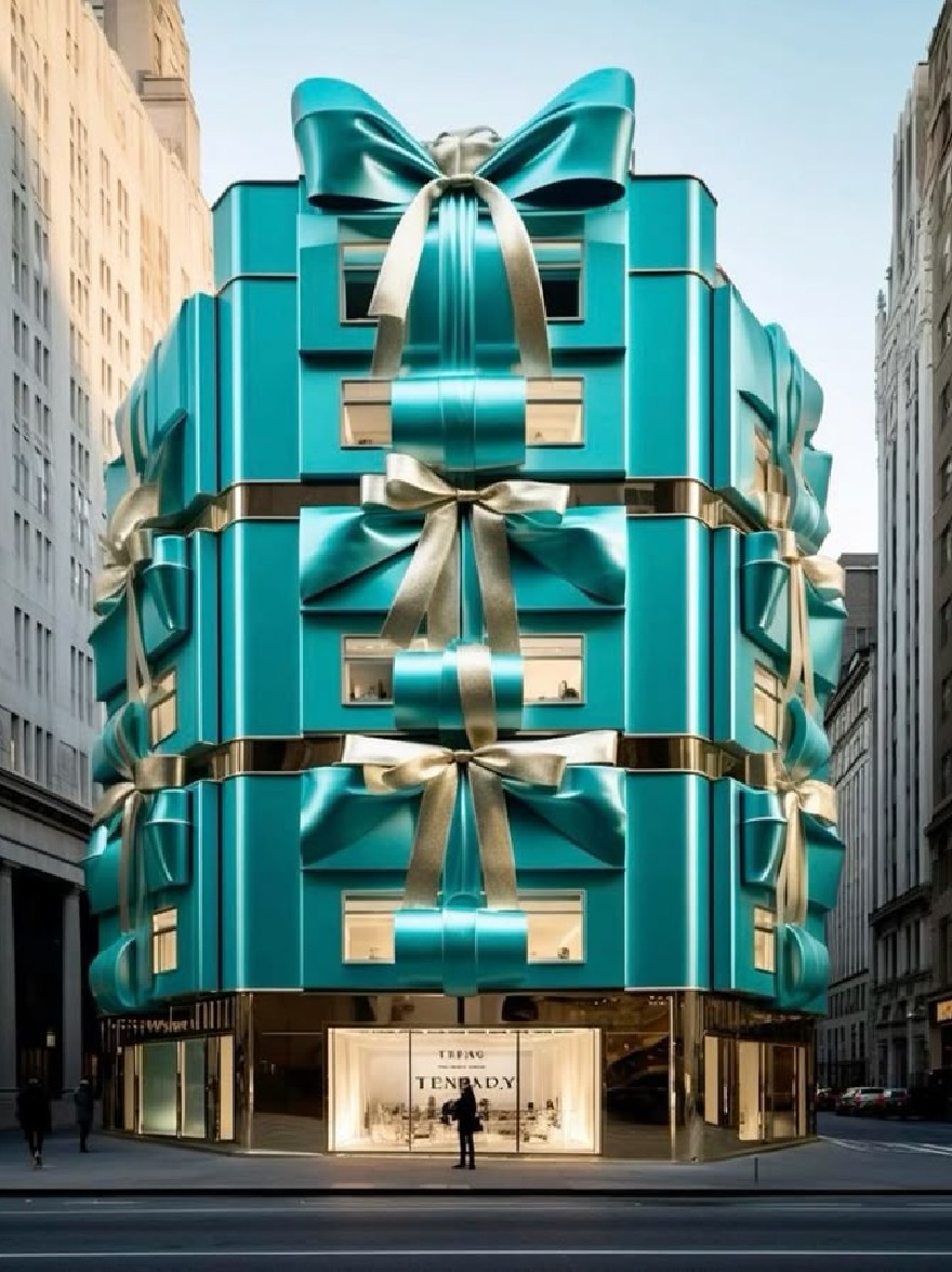 Русский промпт: Большое бирюзовое здание с большими луками и лентами, расположенное в Нью-Йорке, США. Здание имеет современный, гладкий дизайн со стеклянным фасадом и большим луком на вершине. Вход окружен высокими современными небоскребами. Небо ясное и синее, и несколько человек проходят мимо. Освещение яркое и равномерное, подчеркивая сложные детали здания. Изображение представляет собой фотографию с высоким разрешением с водяным знаком в правом нижнем углу. | Original prompt: A large, turquoise gift-wrapped building with large bows and ribbons, located in New York City, USA. The building has a modern, sleek design with a glass facade and a large bow on top. The entrance is flanked by tall, modern skyscrapers. The sky is clear and blue, with a few people walking by. The lighting is bright and even, highlighting the intricate details of the building. The image is a high-resolution photograph with a watermark in the bottom right corner.