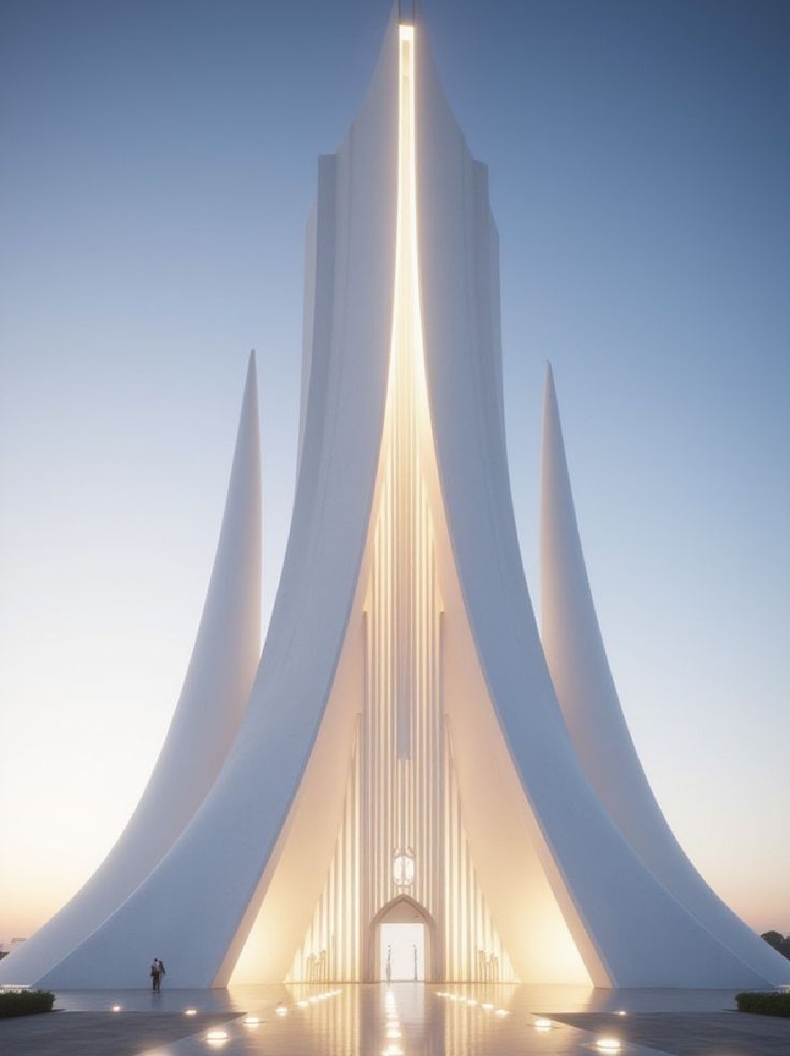Русский промпт: Фотография футуристической, белой, собора, похожей на собор с высокой, угловой формой и множественными заостренными шпилями, достигающими к небу. Структура освещается мягким, теплым светом, создавая драматический эффект. Небо глубоко синее, с несколькими тонкими облаками, разбросанными по нему. Здание находится в одиночестве в центре изображения, с его отражением мерцает на земле внизу. Архитектура симметрична и имеет минималистскую, минималистскую эстетику. Общее настроение - это страх и удивление. | Original prompt: A photograph of a futuristic, white, cathedral-like structure with a tall, angular shape and multiple pointed spires reaching up to the sky. The structure is illuminated by a soft, warm light, creating a dramatic effect. The sky is a deep blue, with a few wispy clouds scattered across it. The building stands alone in the center of the image, with its reflection shimmering on the ground below. The architecture is symmetrical and has a minimalist, minimalist aesthetic. The overall mood is one of awe and wonder.