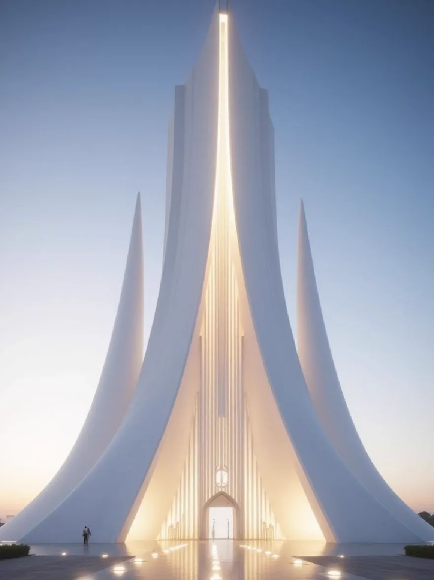 Русский промпт: Фотография футуристической, белой, собора, похожей на собор с высокой, угловой формой и множественными заостренными шпилями, достигающими к небу. Структура освещается мягким, теплым светом, создавая драматический эффект. Небо глубоко синее, с несколькими тонкими облаками, разбросанными по нему. Здание находится в одиночестве в центре изображения, с его отражением мерцает на земле внизу. Архитектура симметрична и имеет минималистскую, минималистскую эстетику. Общее настроение - это страх и удивление. | Original prompt: A photograph of a futuristic, white, cathedral-like structure with a tall, angular shape and multiple pointed spires reaching up to the sky. The structure is illuminated by a soft, warm light, creating a dramatic effect. The sky is a deep blue, with a few wispy clouds scattered across it. The building stands alone in the center of the image, with its reflection shimmering on the ground below. The architecture is symmetrical and has a minimalist, minimalist aesthetic. The overall mood is one of awe and wonder.