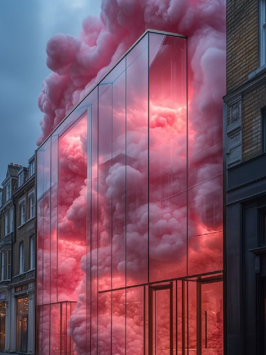Русский промпт: Фотография здания с большой розовой, облачной структурой, отраженной в его стеклянном фасаде, расположенной на голубом небе с несколькими облаками. Здание расположено на городской улице, с другими зданиями, видимыми на заднем плане. Освещение драматичное, с розовыми облаками создают мягкое, эфирное сияние. На изображении есть мечтательное, сюрреалистическое чувство, с акцентом на уникальный дизайн здания и текстуру облаков. | Original prompt: A photograph of a building with a large, pink, cloud-like structure reflected in its glass facade, set against a blue sky with a few clouds. The building is located on a city street, with other buildings visible in the background. The lighting is dramatic, with the pink clouds creating a soft, ethereal glow. The image has a dreamy, surreal feel to it, with a focus on the building's unique design and the texture of the clouds.